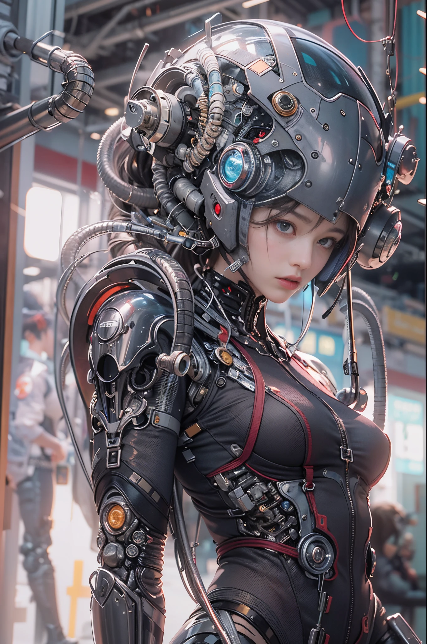 Top Quality, Masterpiece, Ultra High Resolution, (Photorealistic: 1.4), Raw Photo, 1 Girl, Black Hair, Glossy Skin, 1 Mechanical Girl, (Ultra Realistic Details)), Portrait, Global Illumination, Shadows, Octane Rendering, 8K, Ultra Sharp, Big, Cleavage Exposed Raw Skin, Metal, Detail of Intricate Ornaments, steampunk details, vacuum tubes, nixie tubes, oil pressure gauges, glass tubes, analog meters, gears, gears, hydraulic cylinders, very intricate details, realistic light, CGSoation trends, purple eyes, glowing eyes, facing the camera, neon details, mechanical limbs, blood vessels connected to tubes, mechanical vertebrae attached to the back, mechanical cervical attachment to the neck, Sitting, wires and cables connecting to the head, Gundam, small LED lamp, bikini, full body