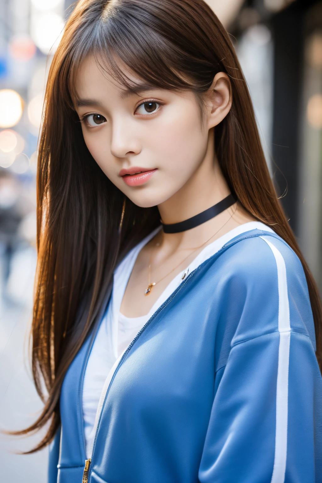 Best Quality Detail:1.2, realisitic, 8K UHD, hight resolution, 1girl in:1.2, The ultra-detailliert, High quality textures, intricate detailes, detaileds, Very detailed CG, High quality shadows, Detail Beautiful delicate face, Detail Beautiful delicate eyes, depth of fields, Ray traching, in her 20s, Pretty Kpop Girl, Slender face, ulzzang -6500-v1.1:0.6, pureerosface_v1, gloweyes, teak, Glossy lips, perfectbody, a choker、 Brown hair、poneyTail:1.1, Street, Particle, look at viewr, Photorealsitic:1.4, ultra-detailliert, photos realistic, 4K 8K UHD Full Color RAW Photos, Fuji Film(Medium format:1.2), Hasselblad:1.2, Carl zeiss:1.1, Incredible dynamic range photography(UTIL_Art by Smoose-768:1.1), hight resolution, High pixel count, clear details, crisp image, Natural color reproduction, Noise Reduction, High fidelity, qulity, Software Improvements, Upscaling, Optimized algorithms, Pro-level retouching、((Shibuya, tokyo prefecture))、On the way to shopping、((Fashionable clothes with a very high design))、Casual Tracksuit: Sporty and casual tracksuit、Fashionable style