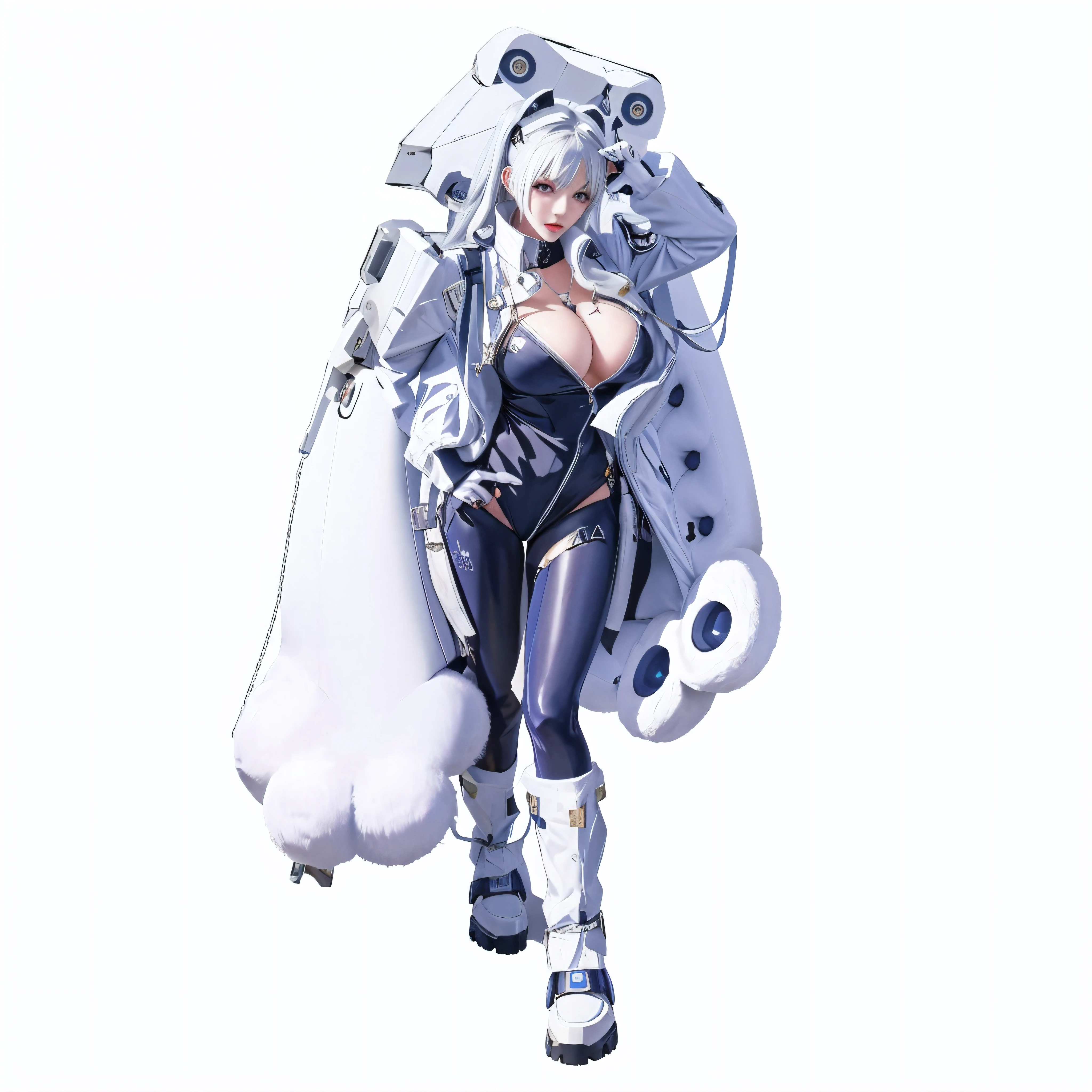 a woman in a white coat and a white cape walking, fully robotic!! catgirl, from the azur lane videogame, twintails white_gloves, digital art from danganronpa, azur lane style, sfw version, ( ( character concept art ) ), white cat girl, characters from azur lane, tifa lockhart with white hair, official character neve from nikke