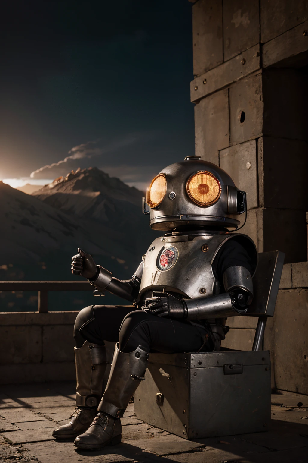 A crazy toy with a big one A Soviet one-eyed robot from CCCP, y casco Estilo, Pinzas en las manos, Cabeza de TV, cabeza de alfiler, camuflaje Oro Plata Rosa Oxidado, Atmosphere in the crater of a super-detailed meteorite, centro, Beautiful, Soft lighting, centrado en el personaje, 4k-resolution, Photorealistic rendering,