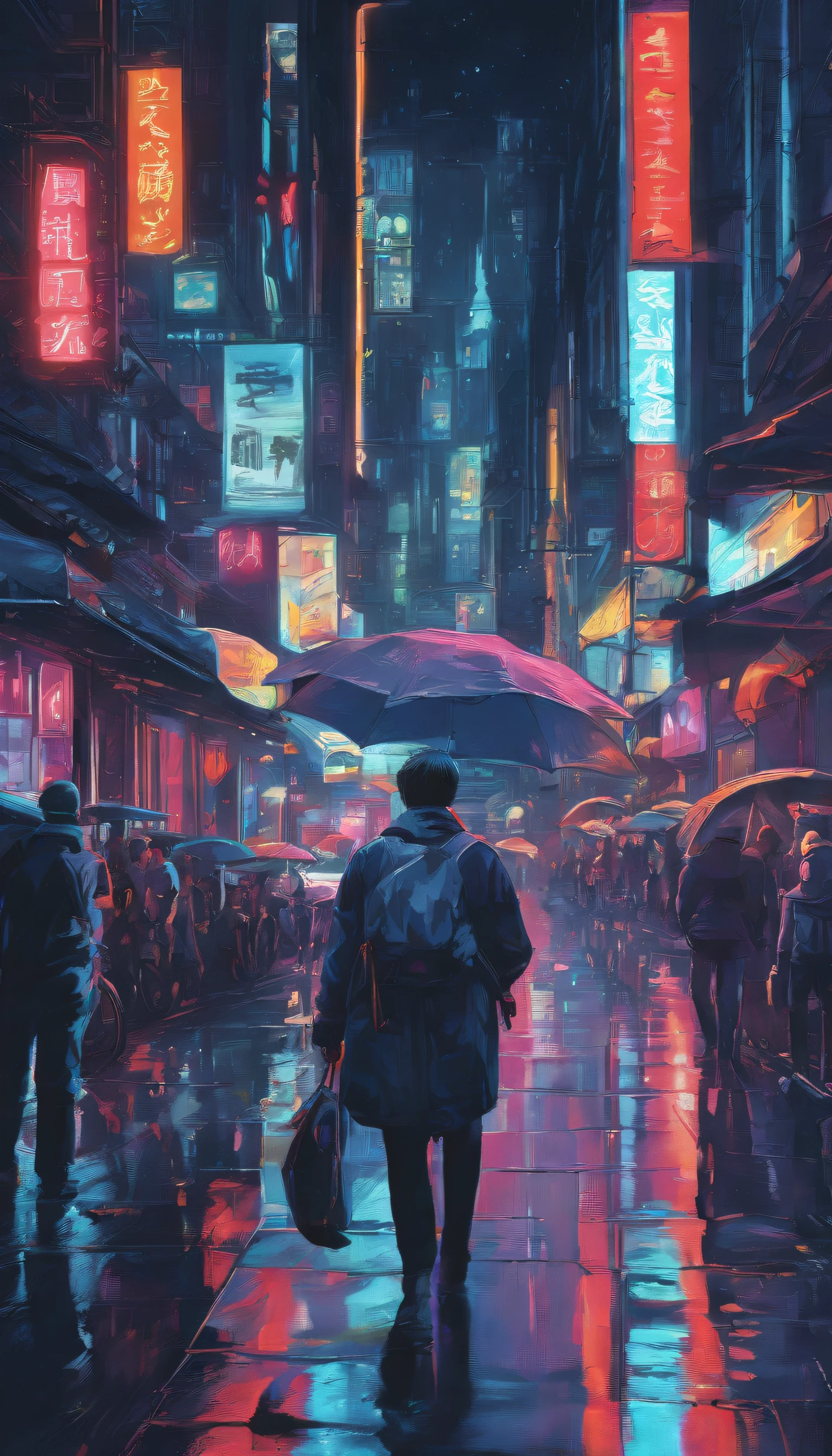 people walking on the road at night, cyberpunk blade runner art, In the cyberpunk city, cyberpunk street, cyberpunk artstyle, futuristic street, cyberpunk theme art, Detailed neon cyberpunk city, Cyberpunk in Cyberpunk City, Cyberpunk fantasy landscape, In a futuristic cyberpunk city, cyber punk city, Cyberpunk city streets, busy cyberpunk metropolis, Future city streets, cyberpunk atmosphere