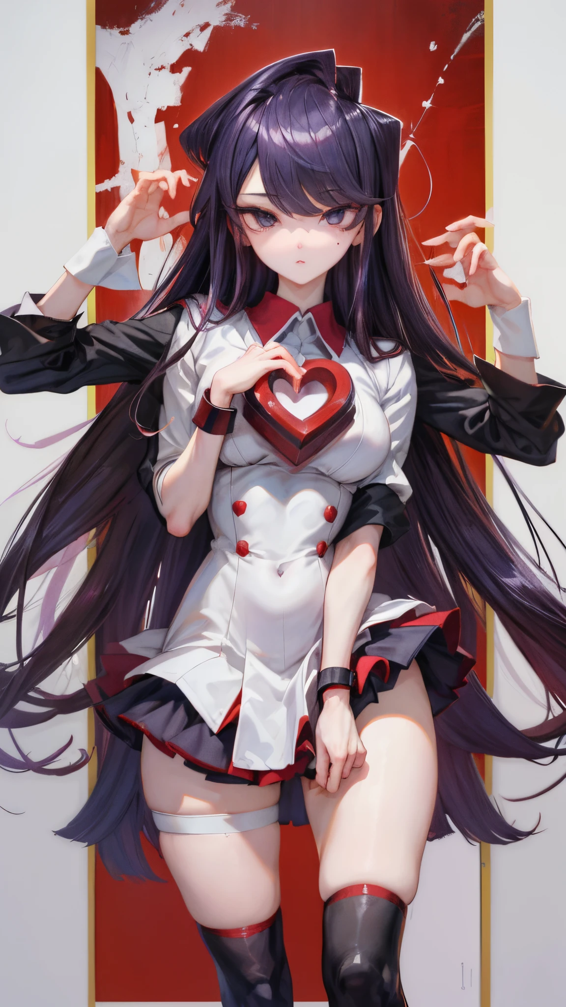 a very pretty female character with long hair and a cute smile, her right hand is in front of a very large cat, 1girl, animal ears, multicolored hair, red hair, white hair, heterochromia, necktie, red eyes, stuffed animal, blue necktie, blue eyes, looking at viewer, stuffed toy, hat, teddy bear, white background, long hair, bear ears, breasts, white thighhighs, thighhighs, long sleeves, red nails, bear, simple background, hair between eyes, black headwear, blue hair, hair ornament, bangs, solo, white dress, closed mouth, nail polish