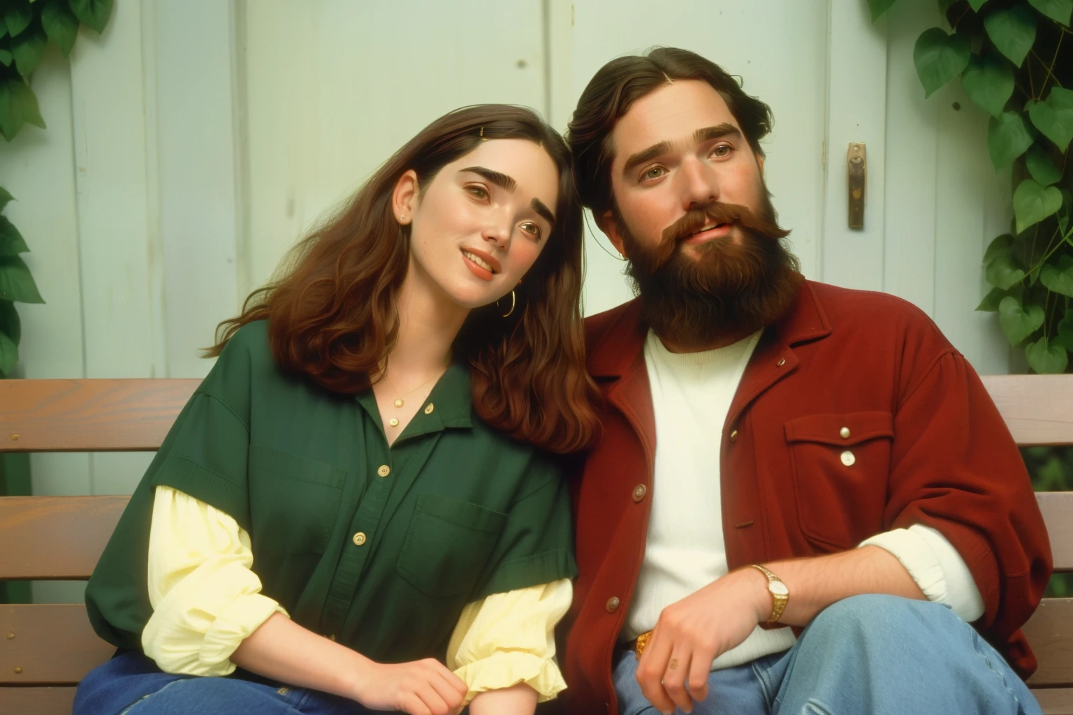 1996, Berkshire County, Massachusetts. Pre-raphaelite ((((44-year-old)) Jennifer Connelly)), with a bearded man, front porch bench, smile, ((happiness expression)), ((((casual Clothing from the 1990s)))), ((short bob Hairstyle of the 1990s)), ((Wes Anderson cinematic style)), colorful