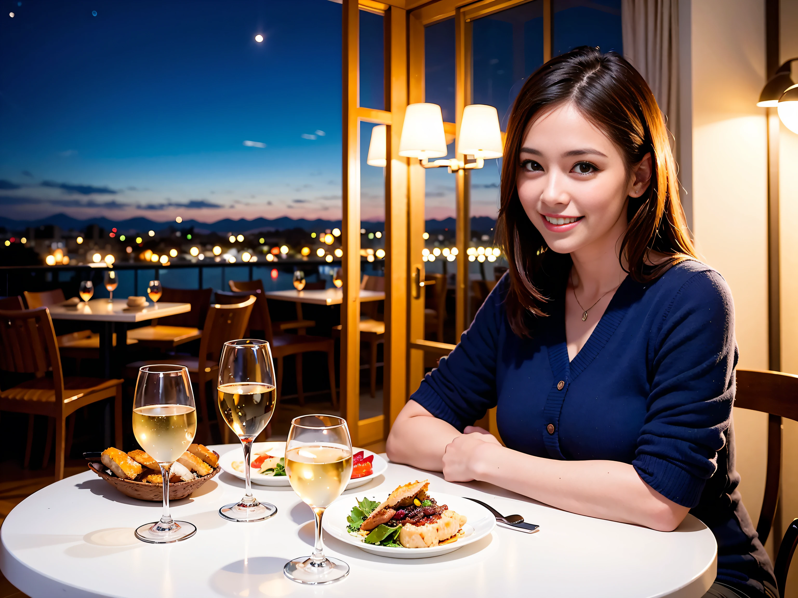 ((Highest quality、8K、masterpiece:1.3))、1 male、1 female、spouse、Beautiful couple、smile、full-course dinner、 (Slim face), (the body is スリム), (Brown Hair), (Shortcuts), ((Bob Hale、Straight hair:1.2)), テーブルの上のwine glass、Put the light on your face、 Amazing view of the sunset sky and clouds、smileの美しさ、Bright image、Blushing, Shortcuts, (Age 35), 39 years old, Appetizers、Italian food、Wine bottle、Champagne、sparkling wine、Long sleeve shirt、dress、Attractive beauty、restaurant, Nova Frog Style, actress, model, Upper Body, White wine, red wine, wine glass, 