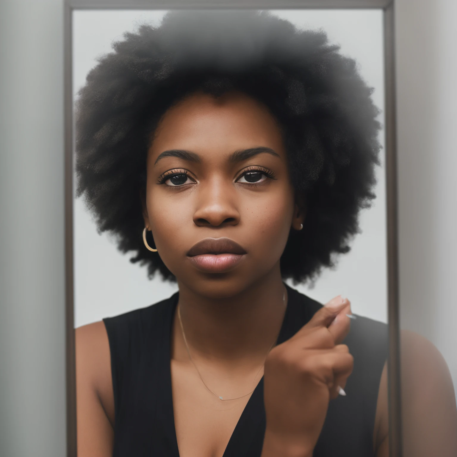 A young black woman poses against a glass.