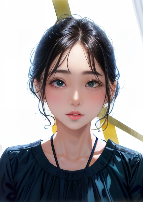 A close up of a woman with a black top and blue eyes - SeaArt AI