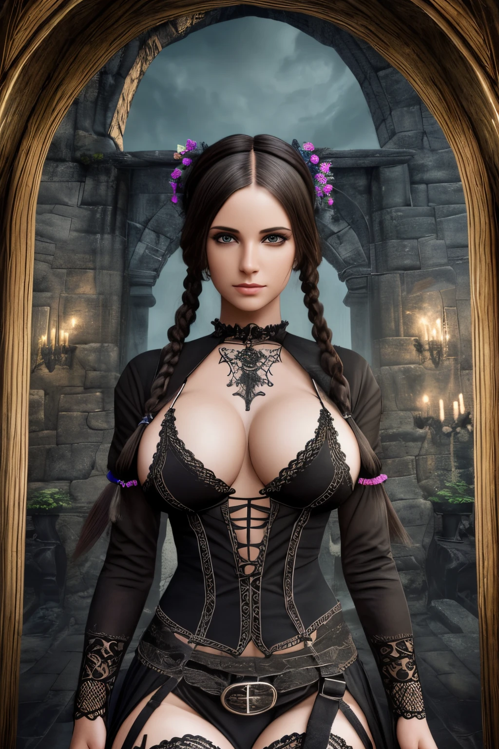 photorealistic, over-detailed, natural light, over-detailed portrait of a necromancer woman in gothic clothes, braided pigtails, full body, large dying breasts, miniature skirt, stockings on garters, mystical atmosphere, skeleton face, volumetric fog, hyperrealism, breathtaking, ultra-realistic, over-detailed, cyberfund, cinematic lighting, highly detailed, breathtaking, photography, stunning environment, wide angle