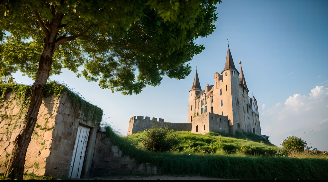 城市, Abandoned medieval French castle, from above, early evening, Future Style, (Realistic details: 1.2),(Background bokeh),(finedetail),(Cinematic lighting),(Clear focus),Incredible dreamscape,(It can't be: 1.2),(Panoramic view:1.2),atmospheric distance sense,strong natural,postapocalypse,close focus,real miracle,(Very small human beings contrasting with the scene)