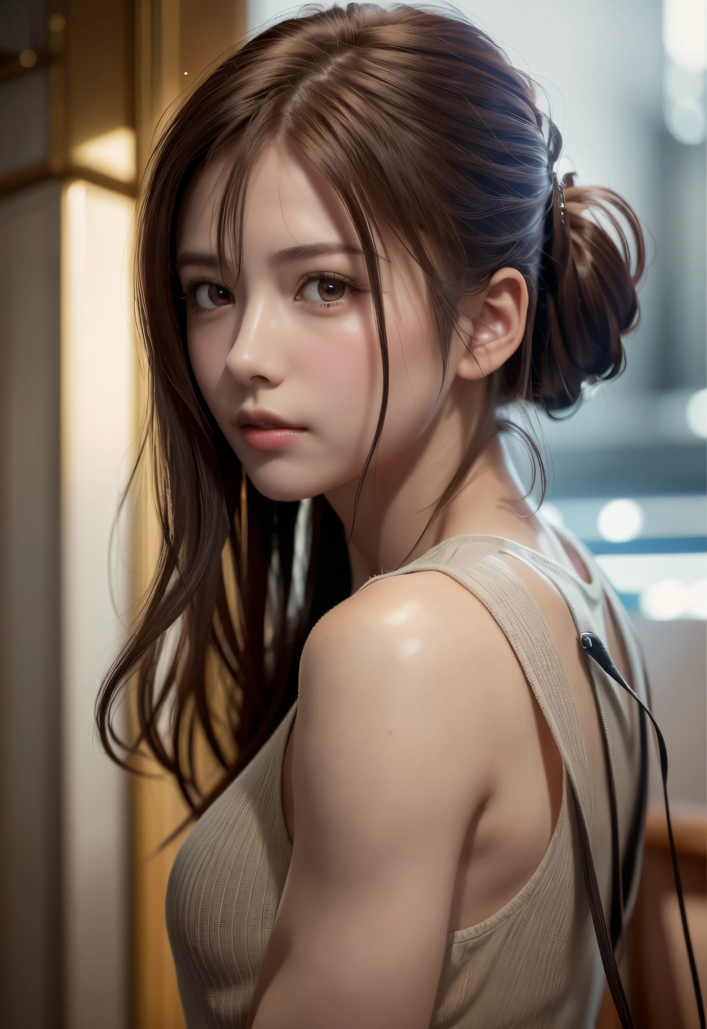 8K, of the highest quality, masutepiece:1.2), (Realistic, Photorealsitic:1.37), of the highest quality, masutepiece, Beautiful young woman, Pensive expression, Thoughtful look, Elegantly dressed, Hair tied back, Messy mood, Cinematic background, Tired, Light skin tone
