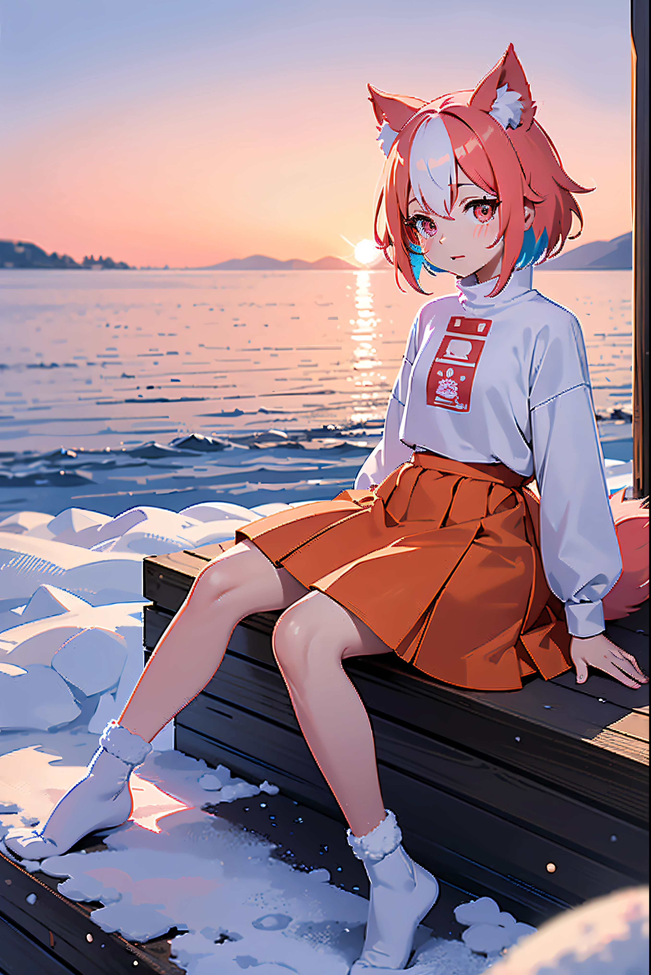 senko-san, loli, big freezed lake, winter, multicolored hair, white hair, pink hair, orange skirt, orange sunset, 1girl, hi resolution, 4k, sakura, snowed lake, pink scratches on a face, skirt with fur, white ears, ears with fur, cute face, whie-pink hair, bob hairstyle, snow on a lake, icy lake, short girl, charachter sits on her butt, 6 years old, sitting on a snow, orange small boots, white long socks, tail lying on the snow, white tail, fluffy tail, tail from butt