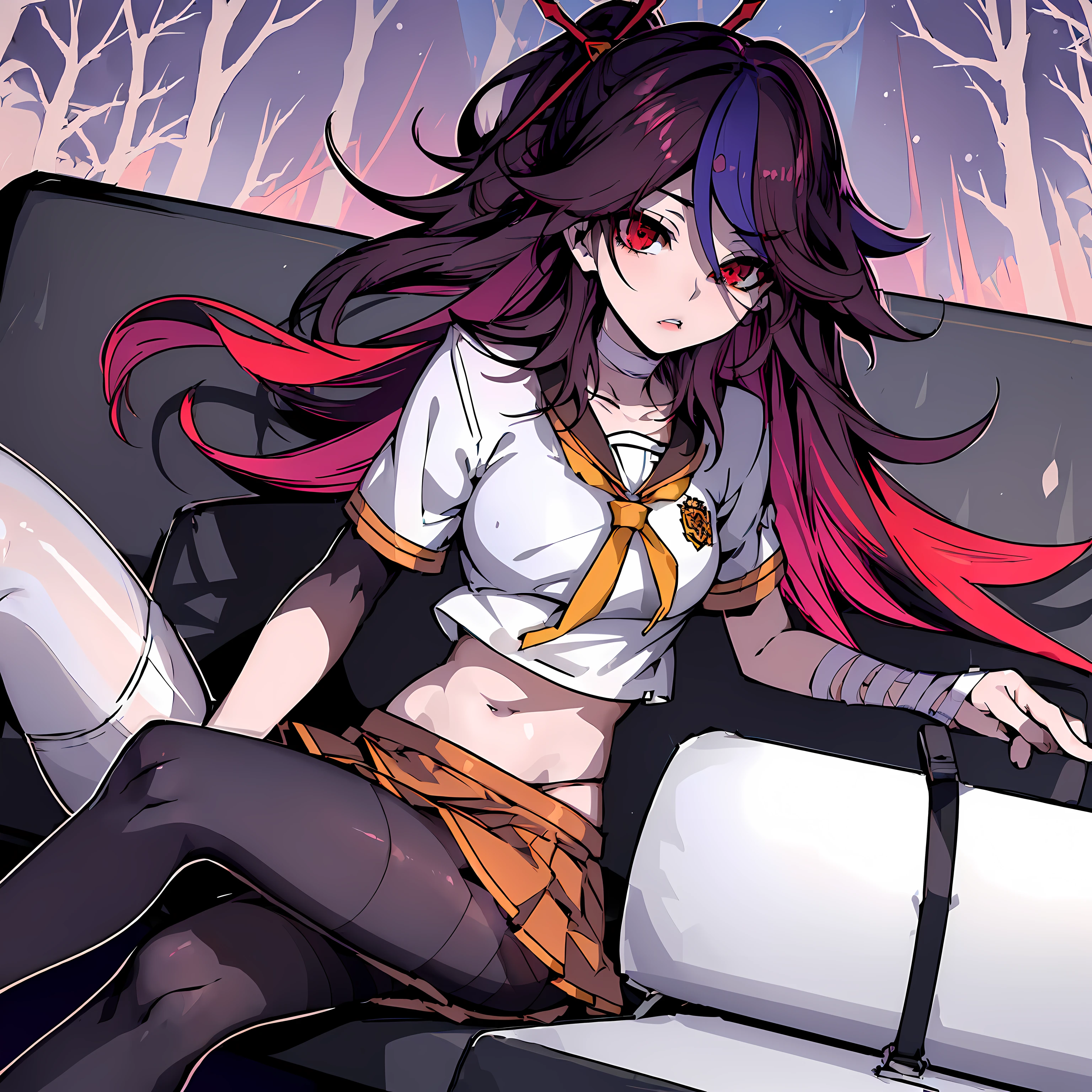 ((masterpiece, best quality, high detailed:1.2)), 8k uhd, 1girl, slender, solo, houraiji, houraiji classic, ((parted lips, red eyes:1.2)), (medium breasts:1.2), long hair, ((serafuku, purple hair, two tone hair, underwear)), ((midriff, miniskirt, pantyhose:1.4)), ((facing viewer:1.4)), day, vivid colors, bandages, ((sitting, bench, forest))