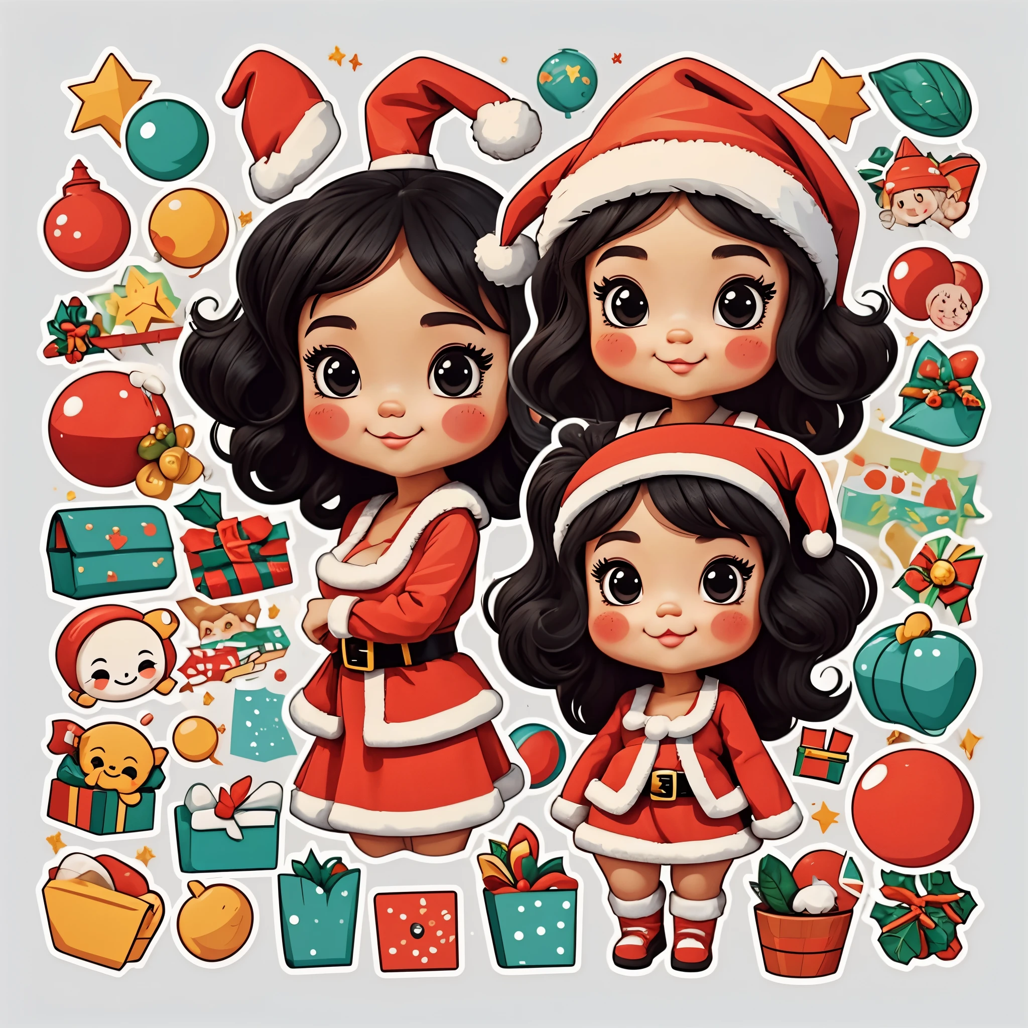 （（（One sticker）））。High quality design vector style image,Happy little girl wearing santa hat，largeeyes，Exquisite Hair，cute big breasts，Clean black background, Professional vector, high detal,