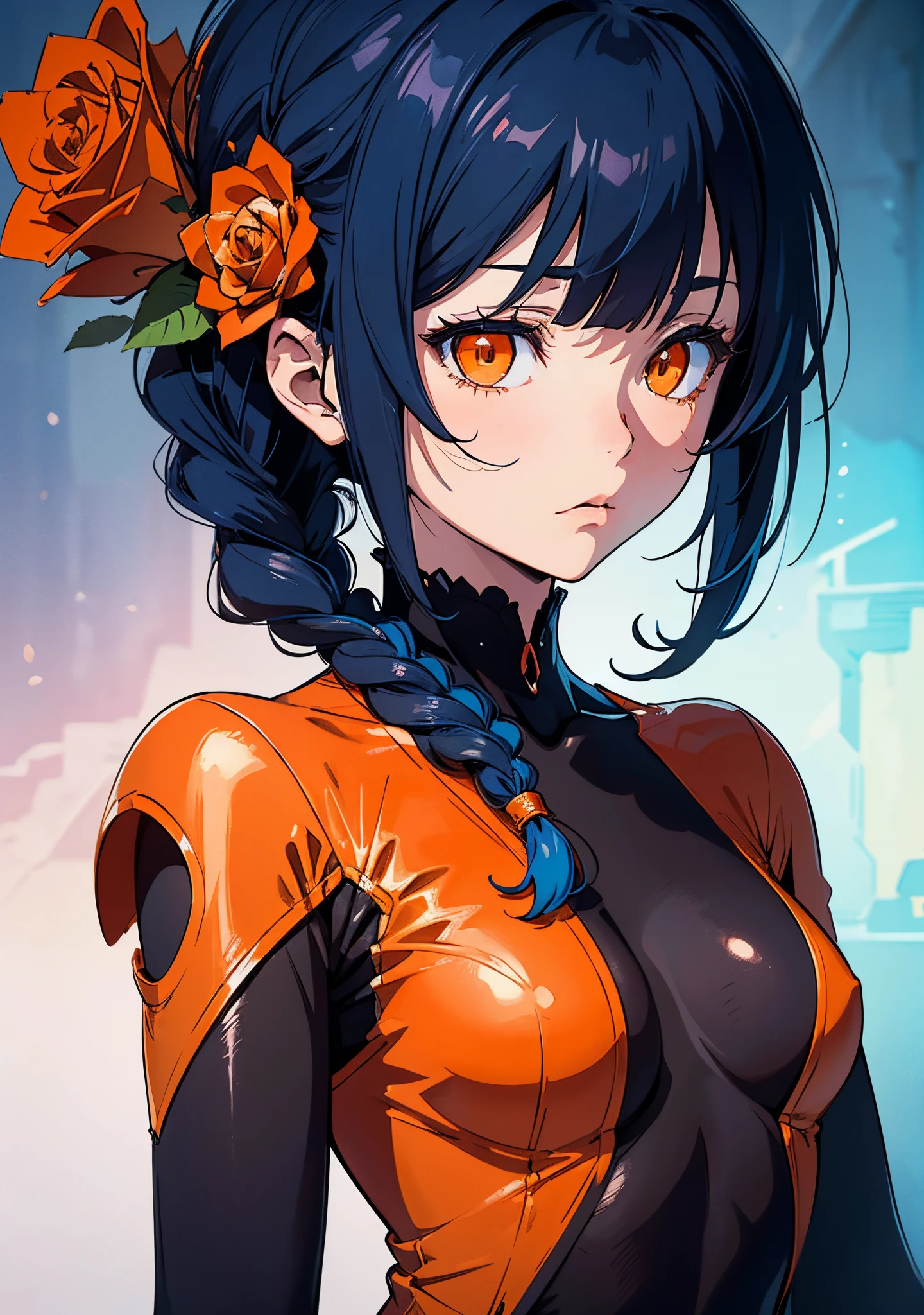 masterpiece, concept art, centered, close shot, portrait, surrealism, anime illustration, 1girl, (orange eyes:1.4), medium braid hair, small breast, beautiful bangs, body suit outfit, blue hair, sad, red rose in the background melancholy, contrast, (epic composition, epic proportion), Vibrant color, HD,