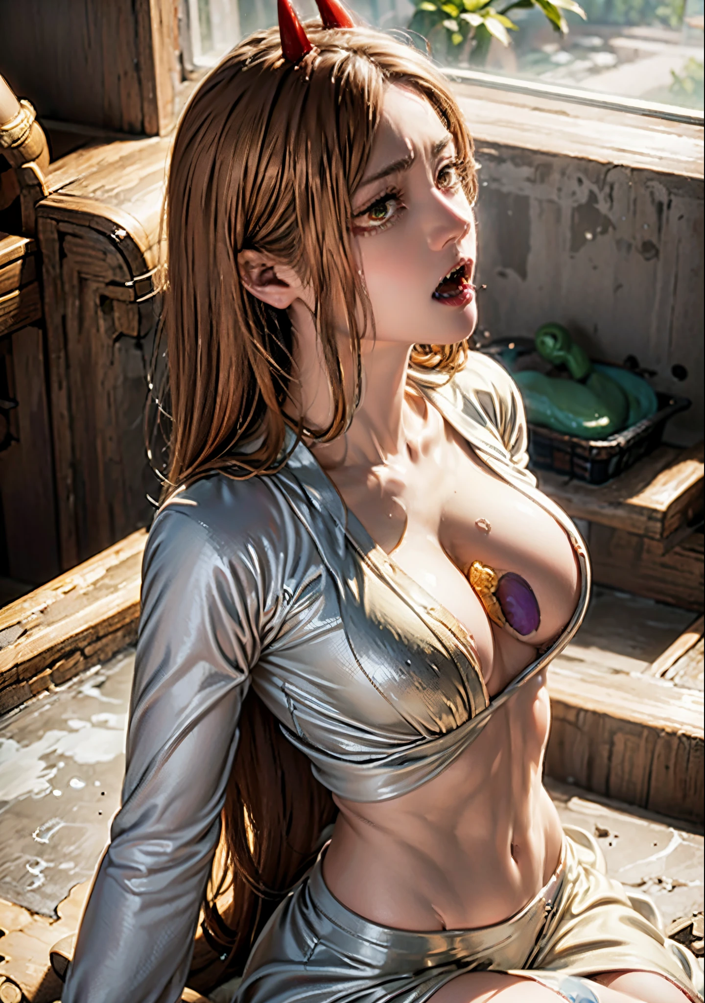 1 Girl,power \(Chainsaw Man\),Golden hair,Red horns,Yellow eyes,Cross eyes,Open mouth,shy,a white T-shirt,large full breasts,
BAPV,(Masterpiece:1,2), Best Quality,Masterpiece,high resolucion,Original,very detailed wallpaper,perfect light,