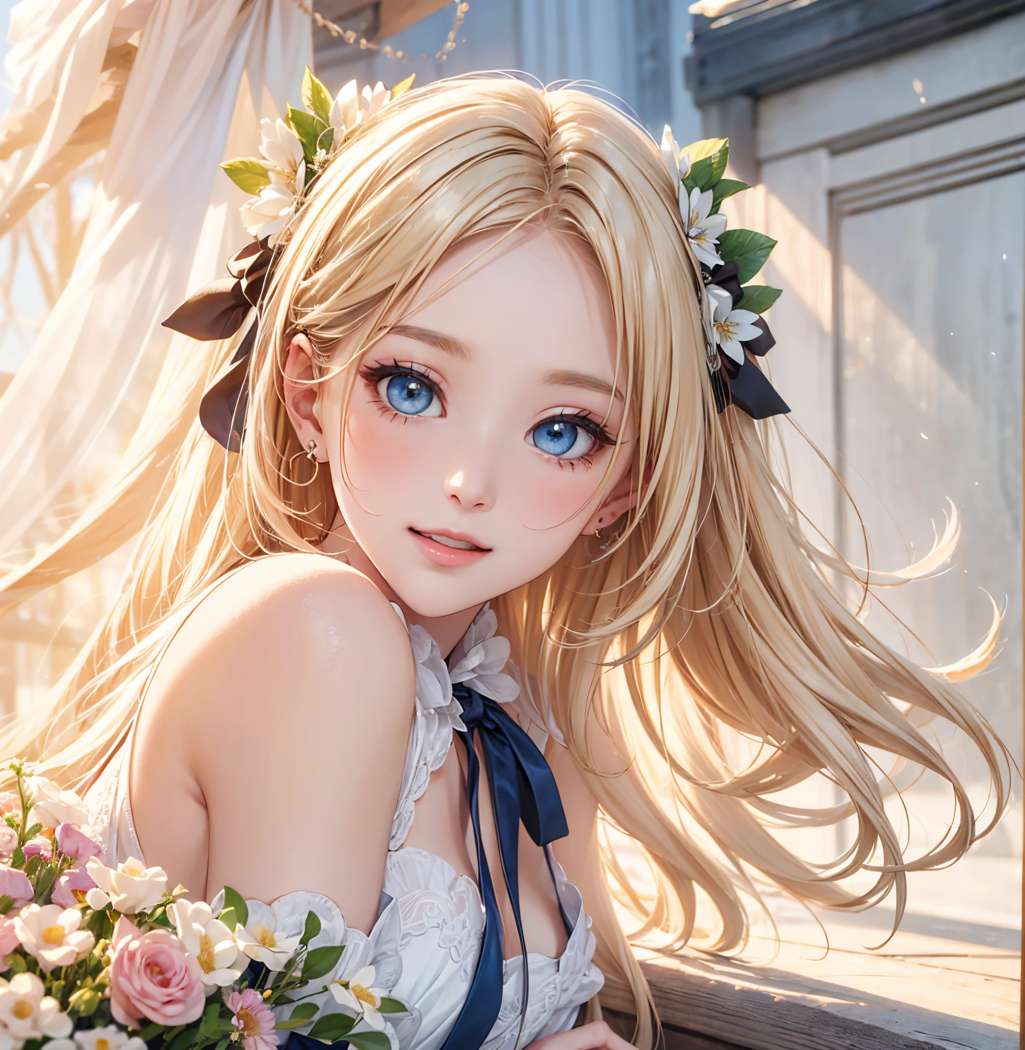(​masterpiece),(top-quality:1.2),1girl in,(masuter piece:1.3),exquisitedetails, Highest quality 8K resolution, Ultra-detailed, Realistic, Vibrant colors, Soft tones, With warm and gentle lighting,early evening,Big sunset,(Smooth straight blonde hair:1.2),(Hair parted in the middle:1.3),(Glowing hair),(Dark blue eyes:1.3),White skin, hair clips,Overflowing soft and gentle feelings,(The promenade is full of flowers),The sun's rays illuminate joy and pure love, Warm golden glow,The atmosphere is full of happiness and laughter, As if celebrating love,Sticking to ultra-detailed depictions and vivid colors. In a style that blends romanticism and realism、You can feel the depth of love,color palettes,Create an ethereal atmosphere like a dream,and the lighting is soft and diffused, Shine a gentle light on your face,The artwork is a masterpiece,