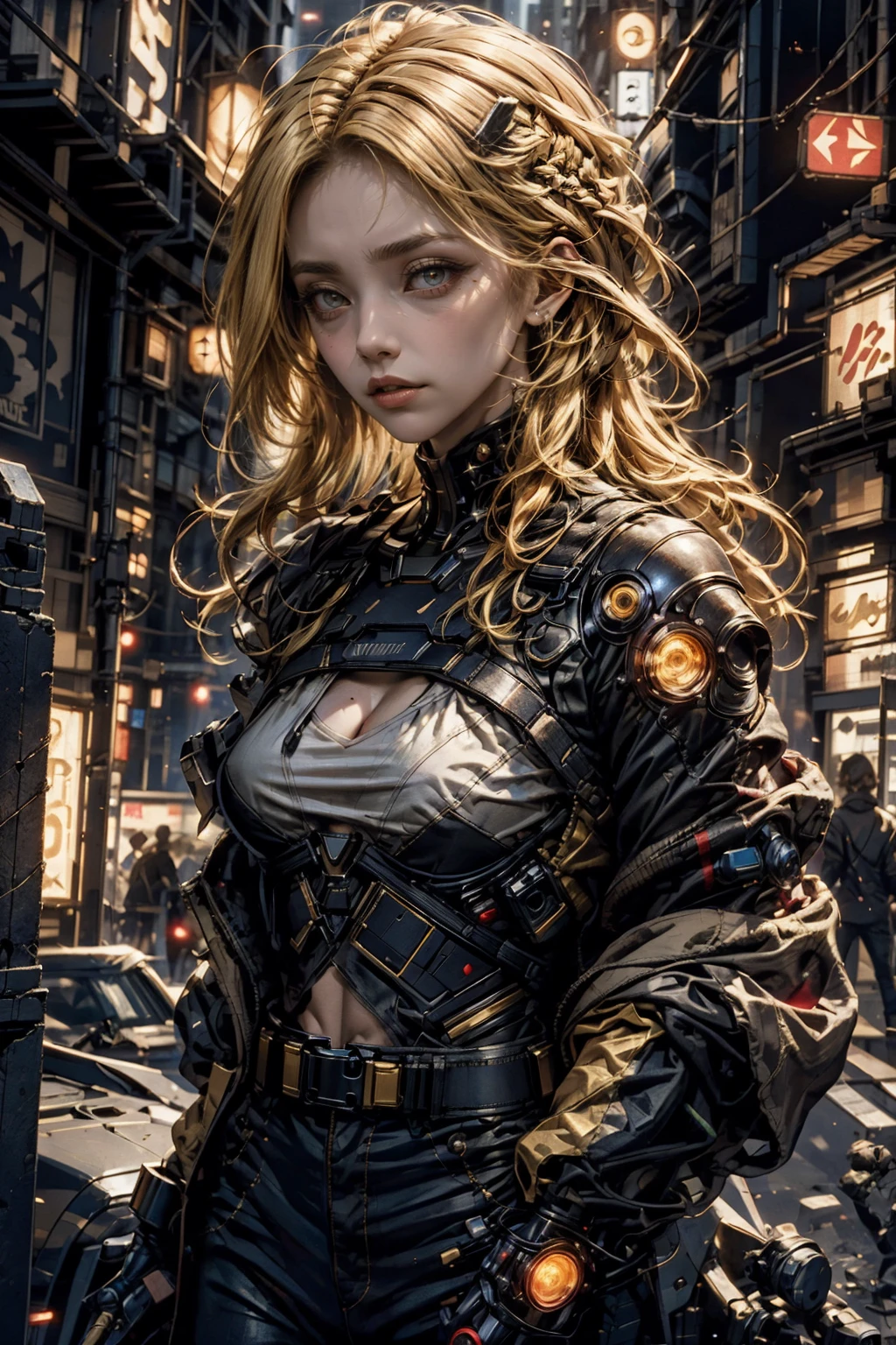 shot from afar, red eyes, Seductive, golden, Shiny, Blonde hair, high detal, MIDJOURNEY, perfect eyes, Color magic, Urban science and technology equipment, hmochako, Better light, Cyberpunk, cross spot, The color hair,