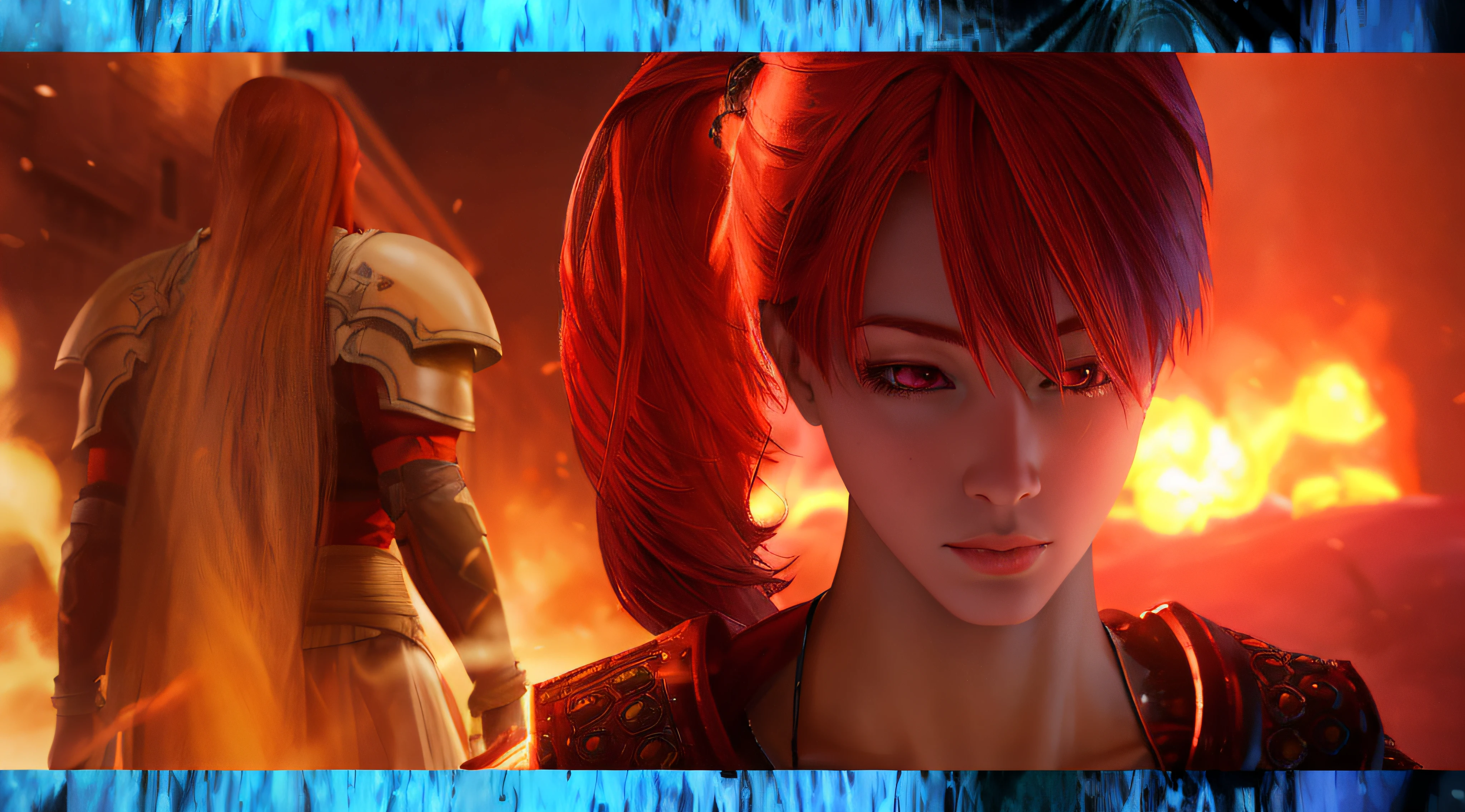 there are two pictures of a woman with red hair and a man with a helmet, dead or alive 6, redhead queen in heavy red armor, unreal engine 5”, katarina, red and cinematic lighting, unreal engine render + a goddess, unreal engine 5 », crimson fire head, 8 k uhd character details, artgerm ; 3d unreal engine