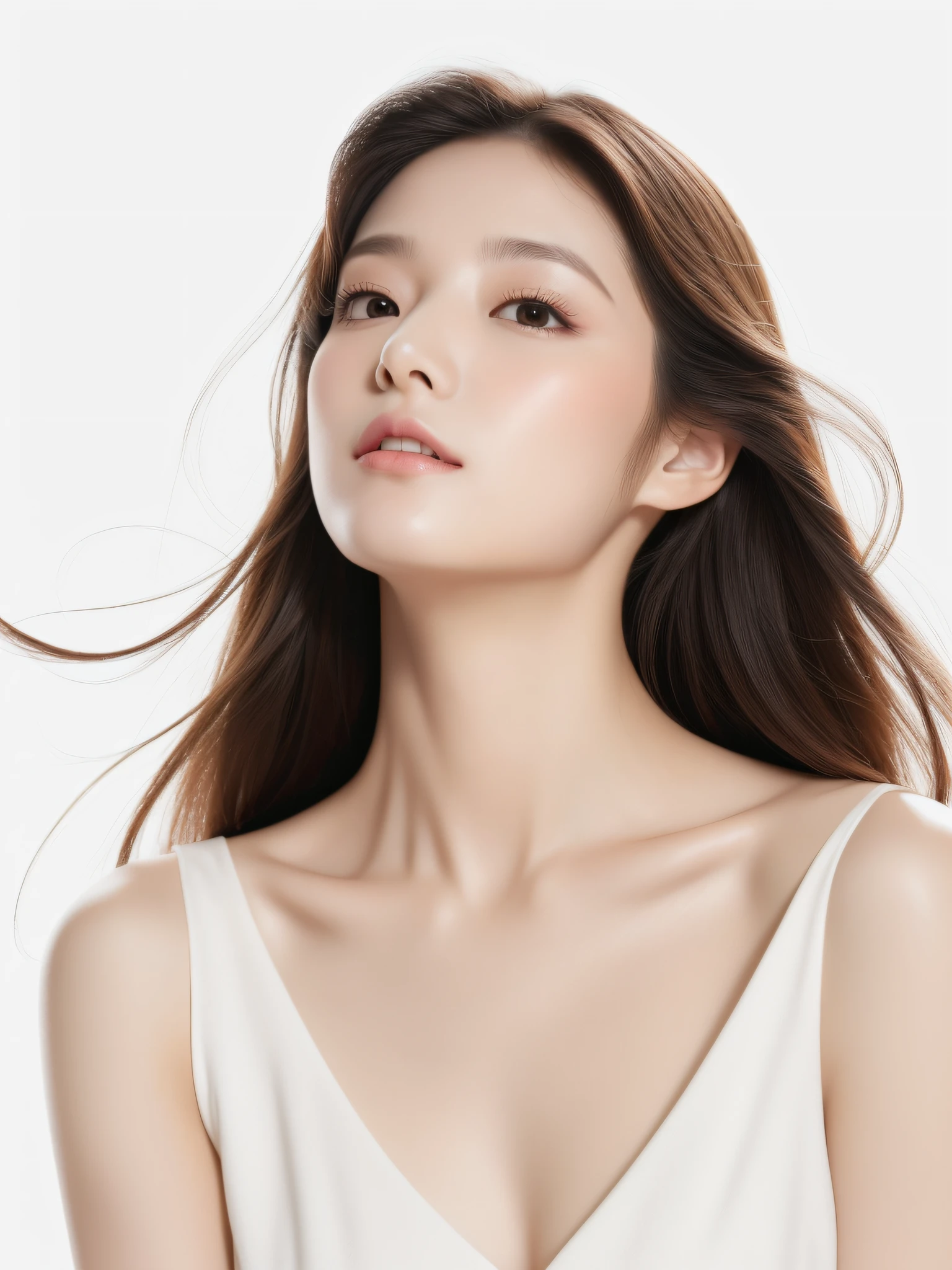 1 real photo of a cute Korean star, Long hair, Delicate hair, white skinned, light make-up,,wearing white clothes, closeup portrait, hyper HD,On the back,forehead exposed,Full payment,Don't cover up the role,Model the face,Glowing light,Face the camera head-on,,Youth and beauty,Do not cover your body,upper part of body,pale robe,White dress,ren