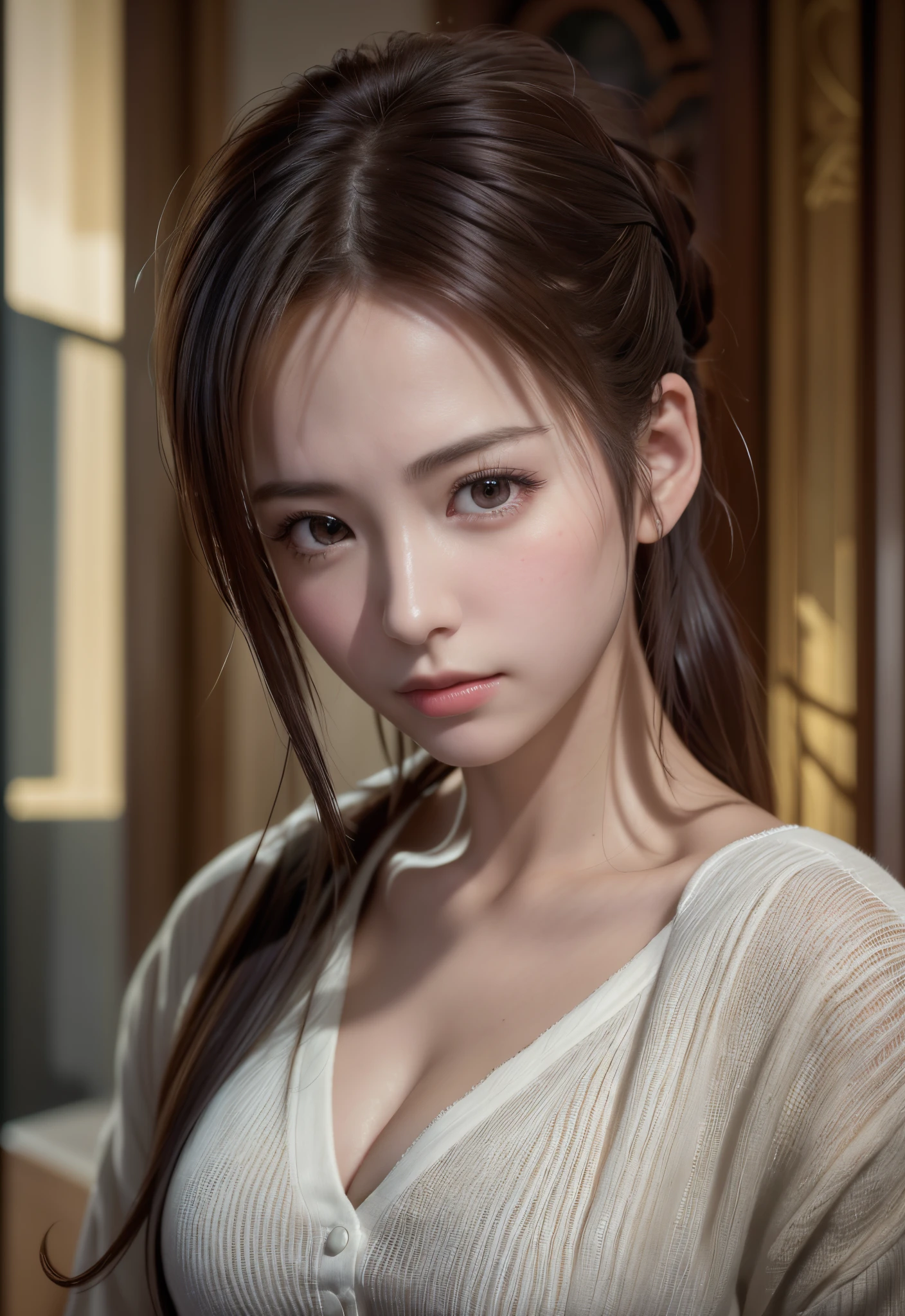 8K, of the highest quality, masutepiece:1.2), (Realistic, Photorealsitic:1.37), of the highest quality, masutepiece, Beautiful young woman, Pensive expression, Thoughtful look, Elegantly dressed, Hair tied back, Messy mood, Cinematic background, Tired, Light skin tone