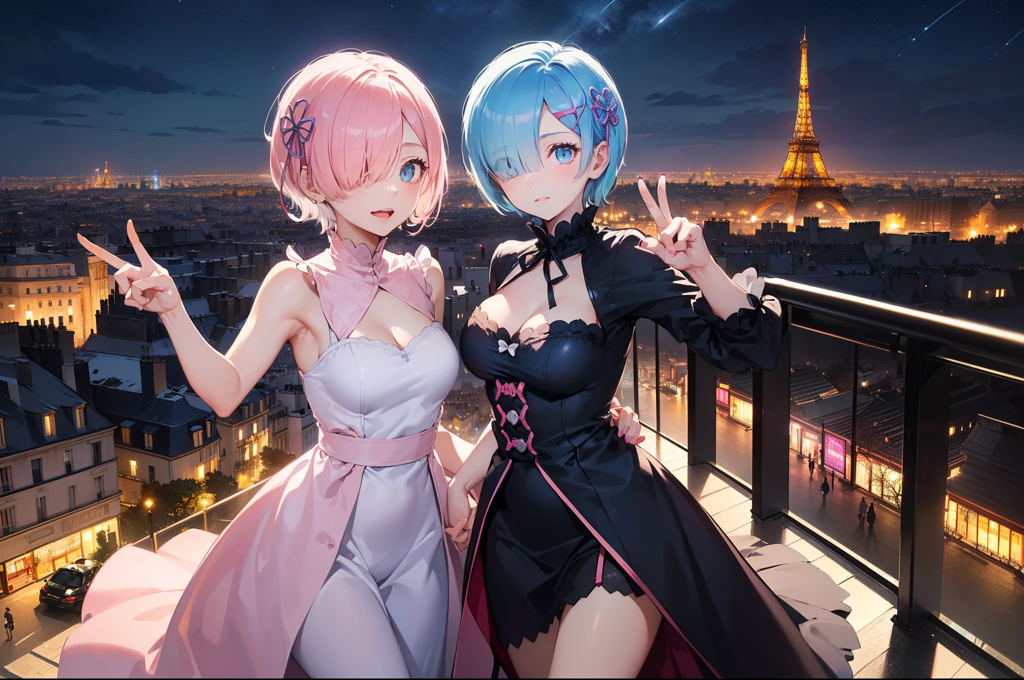 masterpiece, (2girls), couple, ((ram \(re:zero\), (pink hair), (hair tie)), (remrin:1), ramchi, (rem_re_zero, (light blue hair), (hair tie)), (short hair:1.5), (hair over one eye:1.3):1.4), (wearing sexy evening dress:1.5), boobs, (cheers face expression:1.3), (Victory finger sign pose:1.3), (detailed body, detailed hands, detailed faces:1.3), (selfie:1.5), (Champs-Elysees), (Eiffel Tower on the background), (glowing light Eiffel Tower on the background) (detailed Eiffel Tower), (Night Paris in the background:1.5)