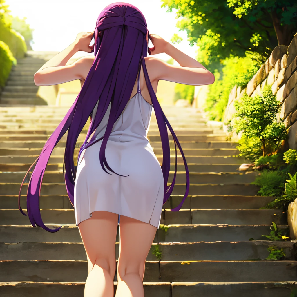 Beautiful, masterpiece, top quality, highly detailed face, perfect lighting, 1girl, arms crossed over head, long white dress, very long provocation, purple hair, embarrassed, embarrassing, painful Even if you try to look ecstatic and expressionless, (((climbing the stairs)) )), backlighting, (thighs focus), (((over shoulders))), texture, ((camera view from behind)), one leg lift, raise your legs, ((looking at viewer))