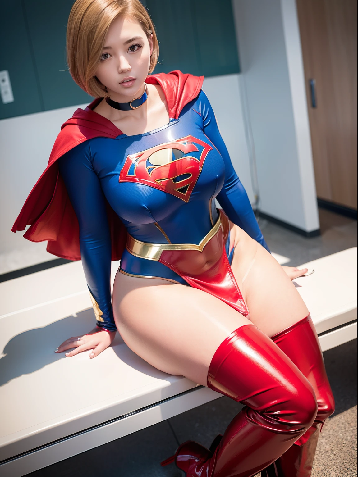masterpiece,Short-haired Supergirl spreads her thighs on the hospital operating table、large full breasts、Looking at the camera、Glossy enamel costume、Glossy red enamel long boots、Shiny red skirt、a choker、Plump、Fluttering cloak、seduces、sexypose