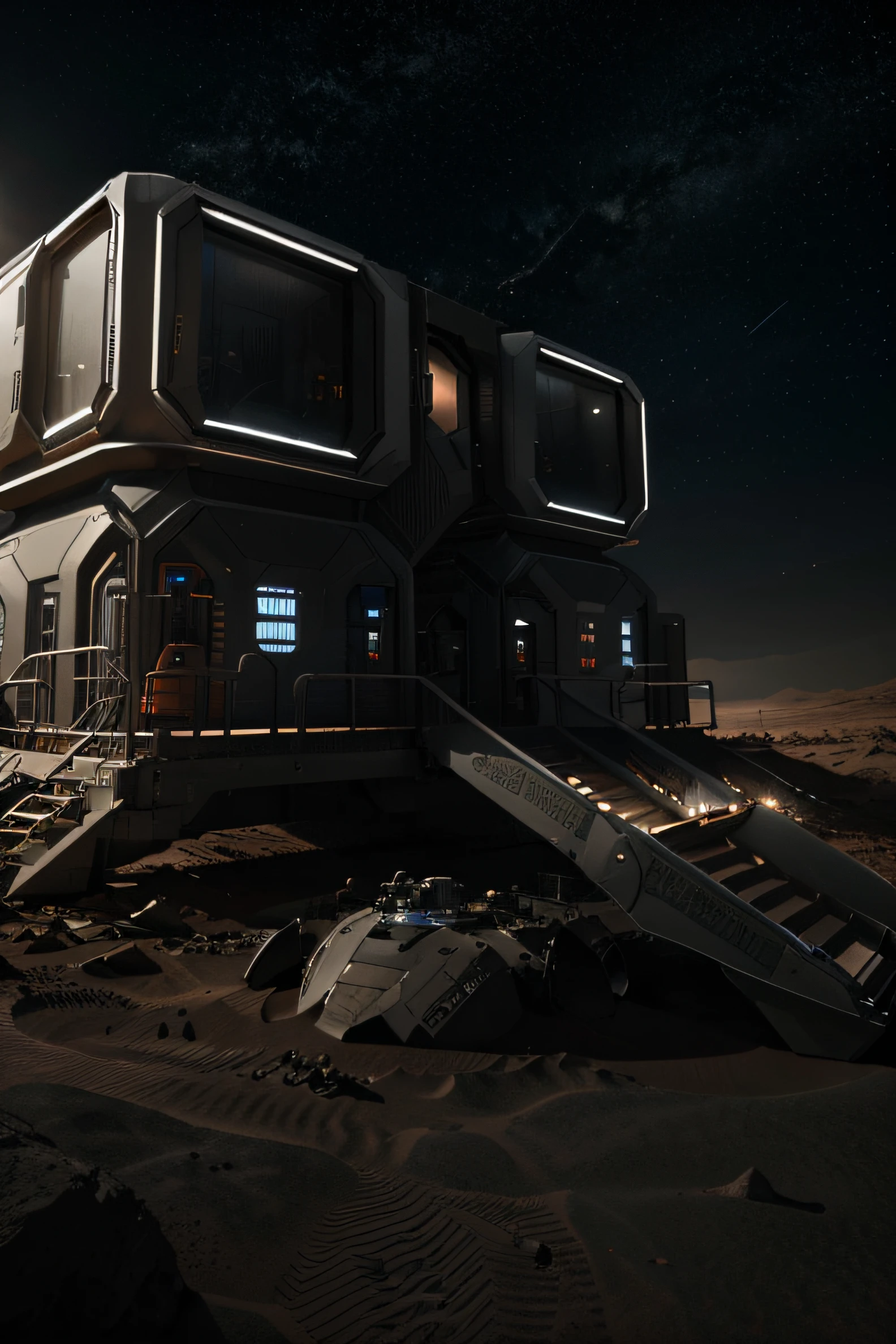 On Mars, many high-tech base groups are under construction. Scientific research bases are widely distributed. Robots, Mars daytime starry sky, basic architectural details, ultra-wide-angle lens, high realism, light and dark contrast,