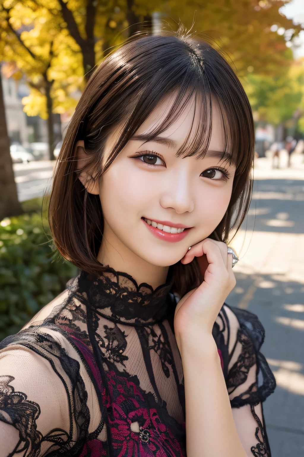 A happy smile looking at this、masutepiece, Best Quality, Illustration, Ultra-detailed, finely detail, hight resolution, 8K Wallpaper, Perfect dynamic composition, Beautiful detailed eyes, ladies fashion autumn colors,Short bob hair,Small breasts natural color lip,fair white skin、 Bold sexy poses,Smile,a 18 year old girl、Cute、Sexy shot looking at camera,In the city、