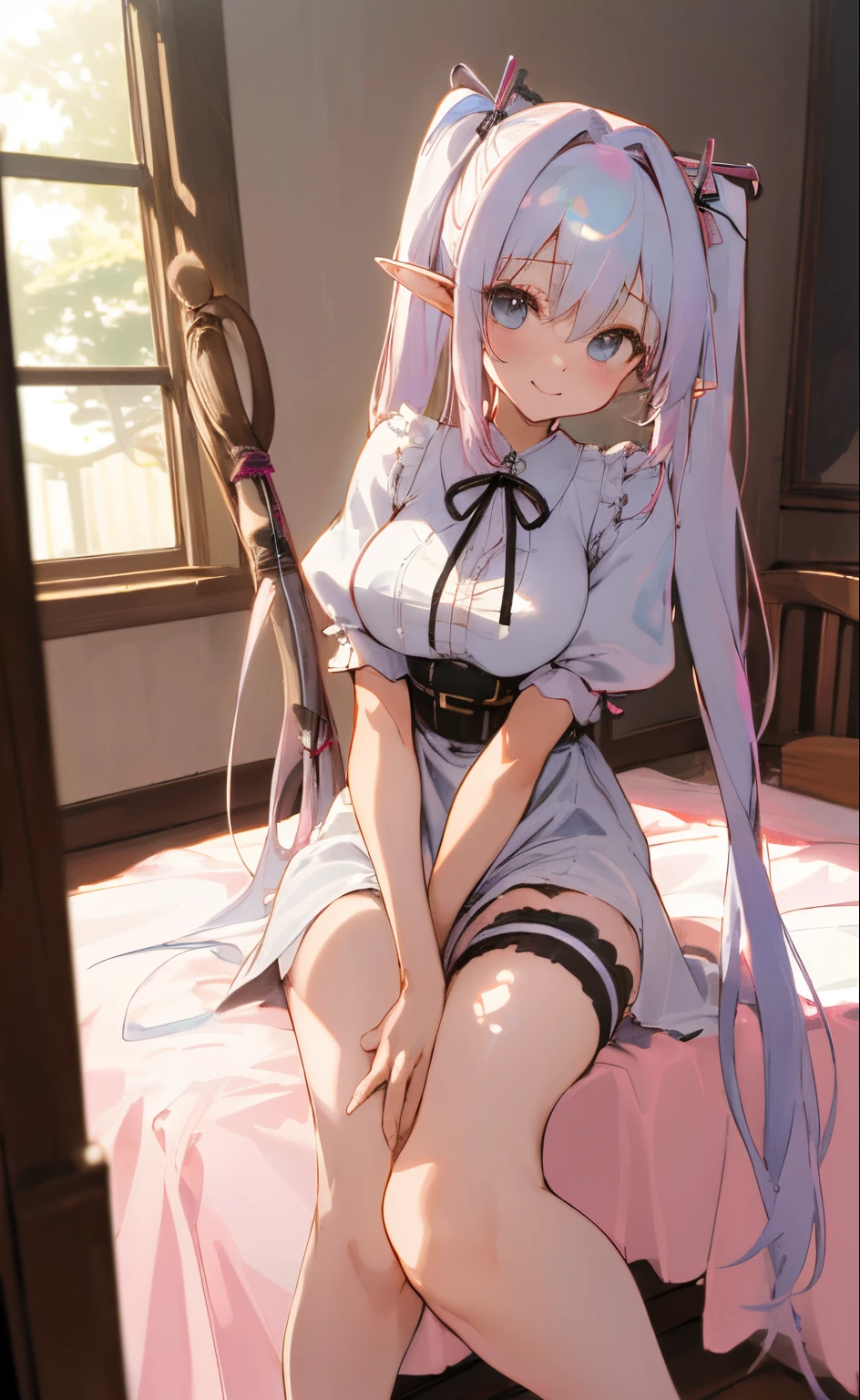 ((masterpiece、top-quality))、8k、1girl in、独奏、bare-legged、knees up、doress、shortsleeves、looking at the viewers、Bedroom、Twin-tailed、A smile、is standing、white hair、Puffy sleeves、Puffy Short Sleeves、full body Esbian、robe blanche、sunlights、Dappled Sun、Leg belts、big breasts thin waist、Thin leg、ribbon elf erotic thigh high pink bright small decoration hair ornament sitting、close range、 carismatic、beauty beautiful cane