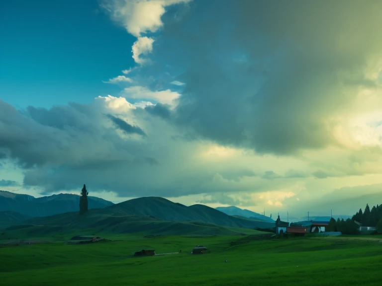 landscape, mountains, green field, blue sky, clouds,