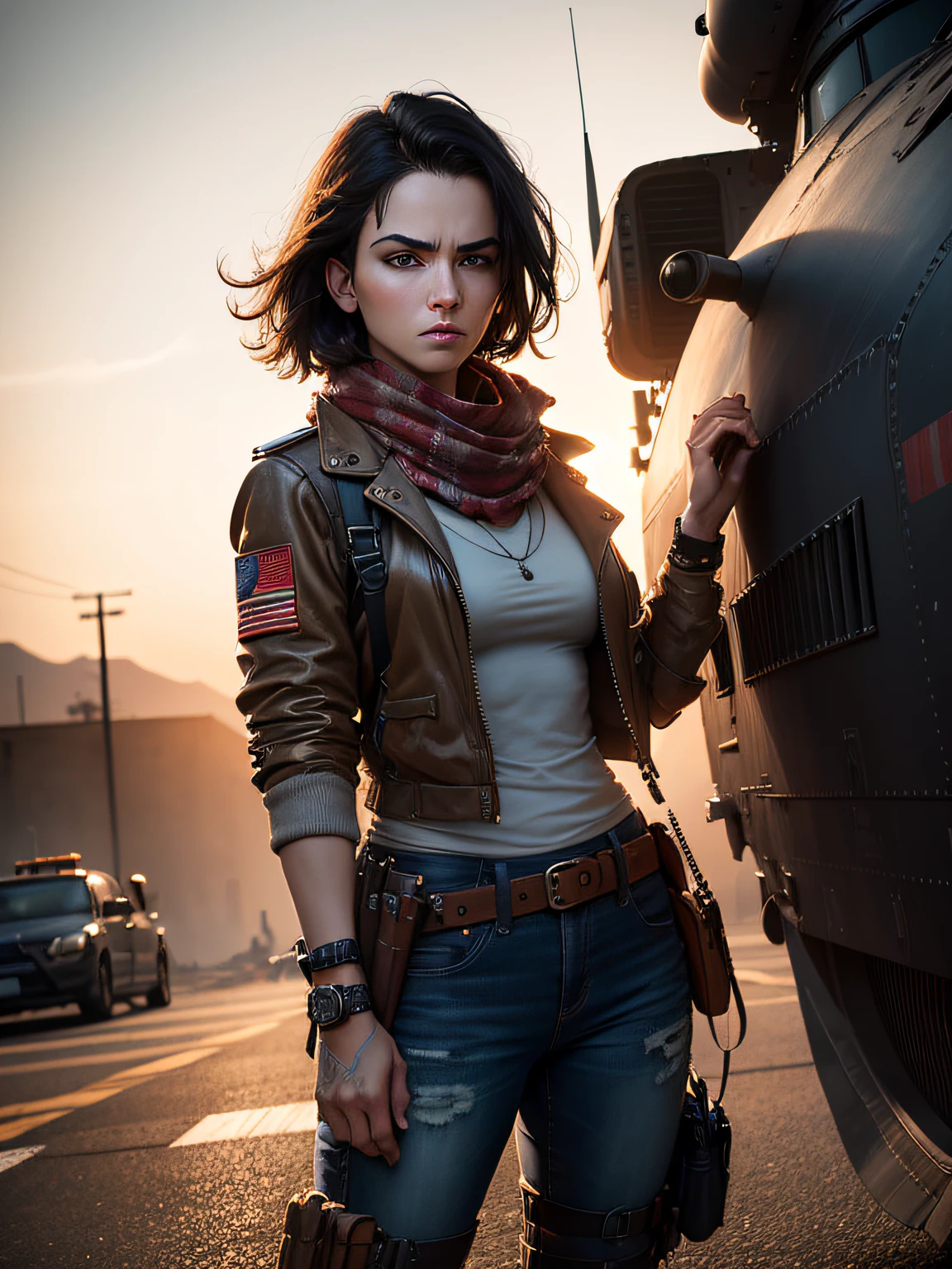 Photorealistic picture of Emma Mackey, exactly like Emma Mackey, full figure, looking directly at the viewer, wide jaw, strong chin, closeup, close-up, with light makeup, detailed eyes, black hair cut in a 'bob' style, hair framing face, serious expression, watchful, one eyebrow raised, standing beside Chinook military helicopter, ruined street, dramatic lighting, smoke, sunset, red keffiyeh, scruffy leather flying jacket, equipment belt and holster, highly detailed natural texture, master piece, absurdes, extremely detailed, astonishing, fine detail, couleurs riches, Hyper realistic texture, dramatic lighting