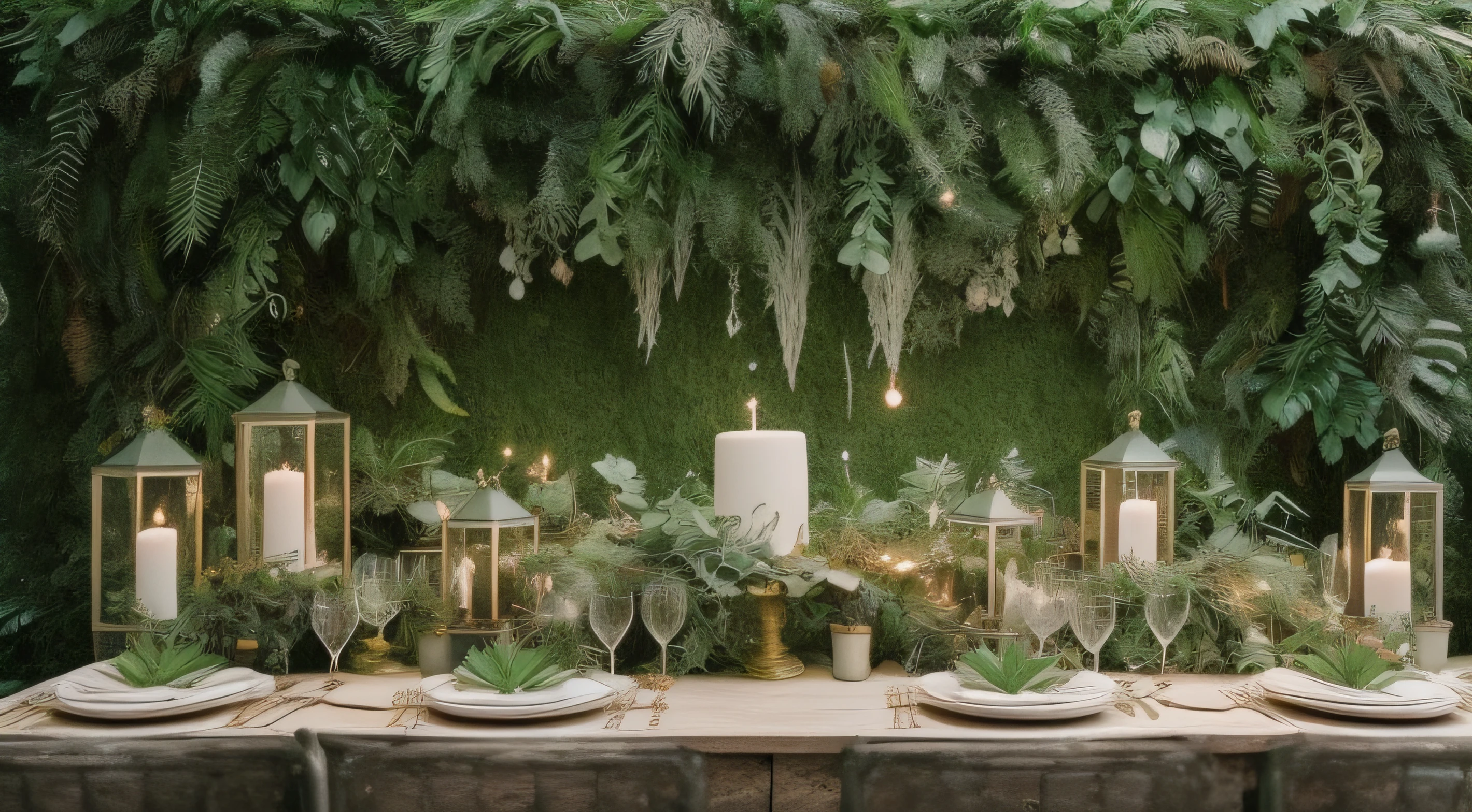 There is a table,There's a bunch of plates and candles on it, romantic greenery, photography of, overgrown background, exteriors, A beautiful photo, Lush foliage and magical details, large plants in the background, intense fantasy, outdoor countertop setup, , green plant green wall, Background with