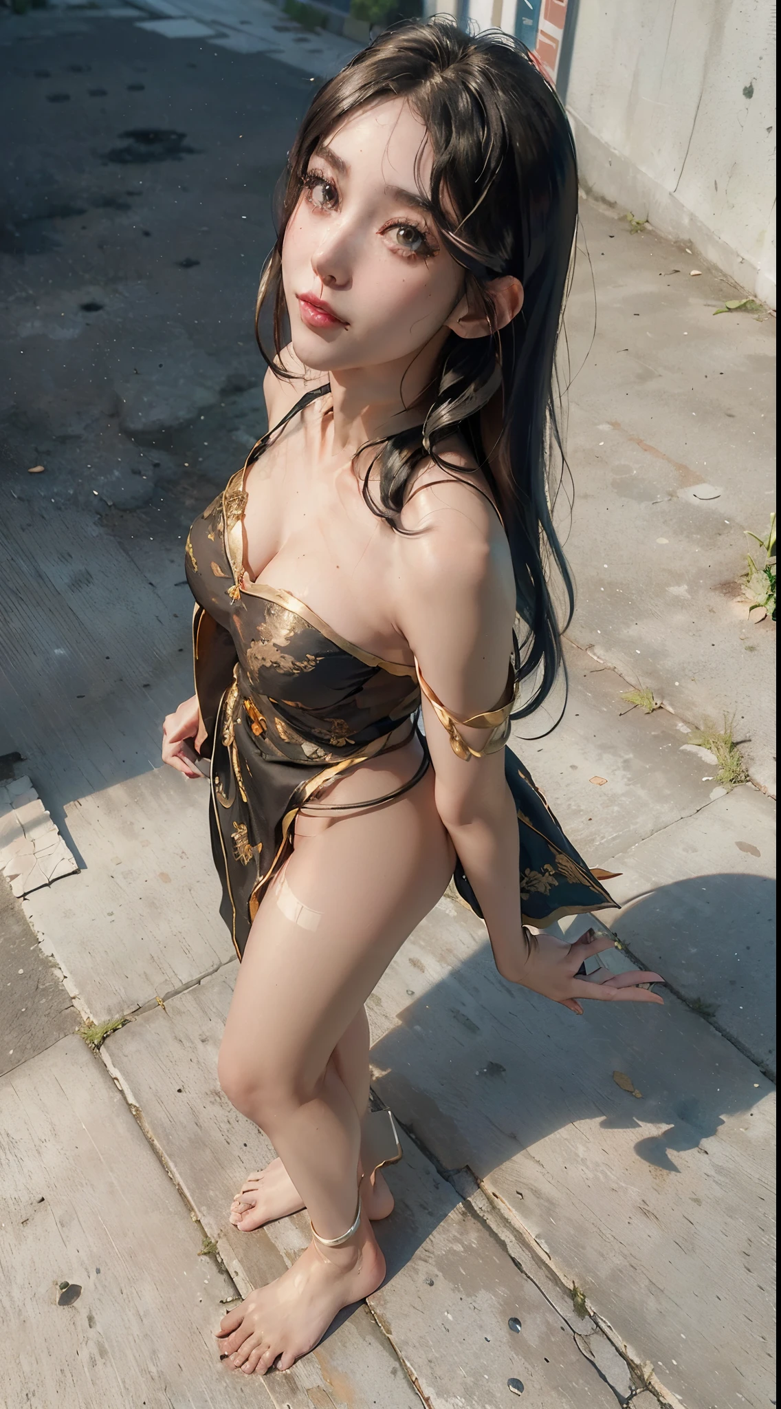 (1 beautiful girl)、(Confident smile)、(Arms raised up)、(Photo standing on the street:1.5)、(Very gigantic-breasts)、(abnormally large breasts)、(30-years old)、(confident grin:1.2)、(Dark hair)、(Top image quality)、(8K picture quality)、(masutepiece)、(Full body photo)、Raw foto、(loose:1.5)、(droopy chest), Deep contrast, depth of fields, Under angle, cinematric light, Cinema Shadow, Sharp Image, Extremely detailed,、beautiful effects, Muted colors, Highly detailed image textures, detailed hairs, Detailed face, Detailed eyes、Highly detailed image textures, detailed hairs, Detailed eyes、(Photo from the knee up)