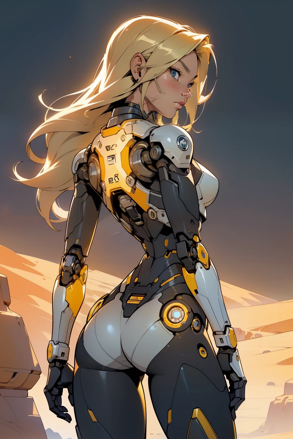 high quality, 4k, masterpiece, beautiful, cyborg girl, cowboy shot, dull eyes, back side, turning around to look at viewer, long blonde hair, girl, small breasts, fit thigh, robotic arms, robotic body, cyborg body, yellow accent, red accent, intricate detail, joint, detailed lines, robotic detail, 1fist on hip, color robotic parts, robotic parts with color, perfect fingers, on a desert planet, sunny background, colorful desert,