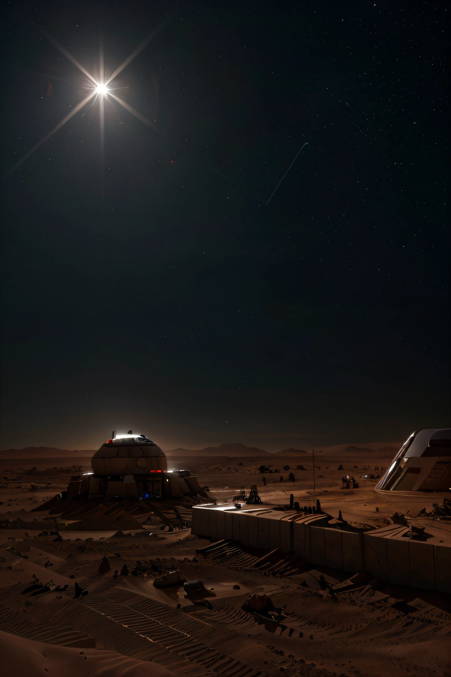 On Mars, many high-tech base groups are under construction. Scientific research bases are widely distributed. Robots, Mars daytime starry sky, basic architectural details, ultra-wide-angle lens, high realism, light and dark contrast,