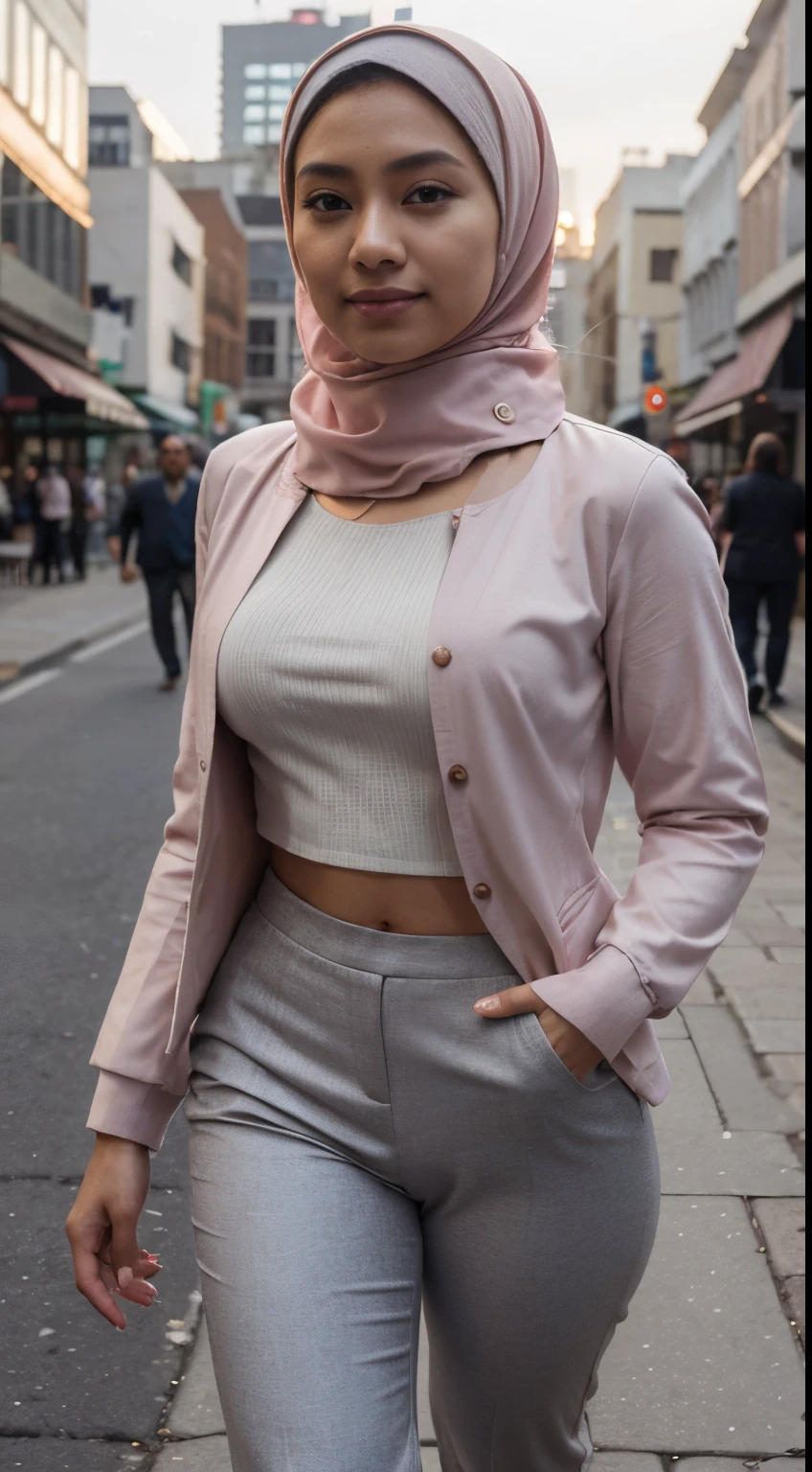 Malay girl in hijab and wear Half Button Rib Knit Tee with pastel color jacket and High Waist Plicated Detail Suit Pants, walking in city street, catwalk, confident walk, windy, elegance, front view, detail skin, detail skin texture, beautiful malay face, pastel color outfit, small breast, wide hip, wide waist, thick thighs, slim abs, beautiful body, evening, sunset, sun light enhance dramatic mood, arrogant smile, professional cinematic lighting, blur background, bokeh, realistic, ultra detail, high quality,