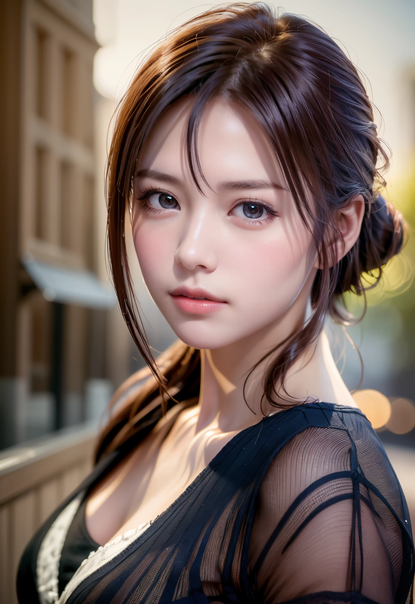 8K, of the highest quality, masutepiece:1.2), (Realistic, Photorealsitic:1.37), of the highest quality, masutepiece, Beautiful young woman, Pensive expression, Thoughtful look, Elegantly dressed, Hair tied back, Messy mood, Cinematic background, Tired, Light skin tone