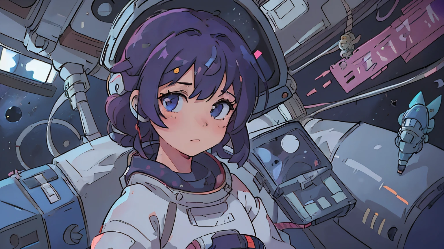 A woman in a spacesuit stands on a space station, portrait anime space cadet girl, girl in space, Cosmic Molly, in a space station, on a crowded space station, in a space station, in space, In deep space, In a spaceship, On a spaceship, in a space station, lofi art, with a space suit on, cushart