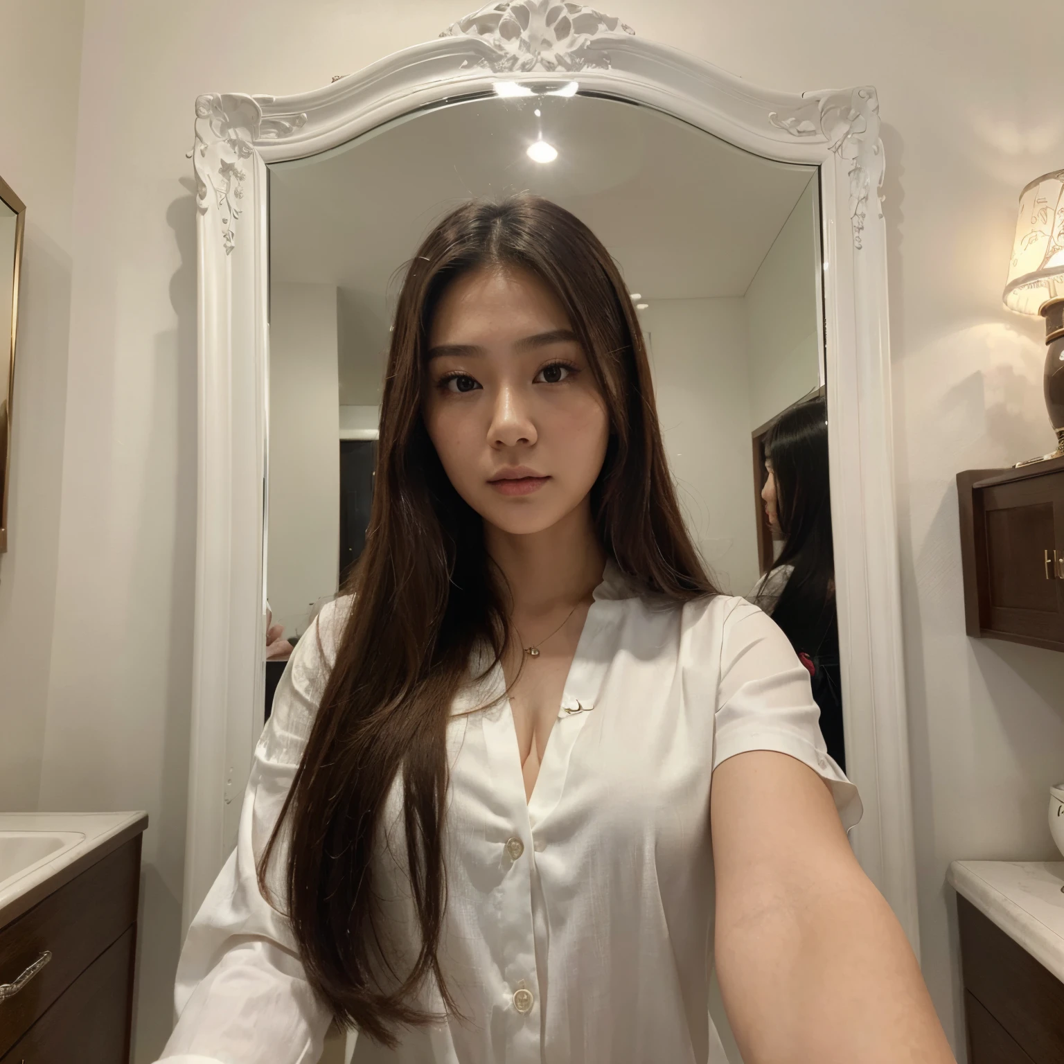 (masterpiece, best quality, ultra high res, beautiful detailed hair detailed face, perfect feminine face), there is a woman with long hair and a white blouse taking a selfie in front of mirror, an asian woman, asian girl, a young asian woman, south east asian with round face, asian female, beautiful asian girl