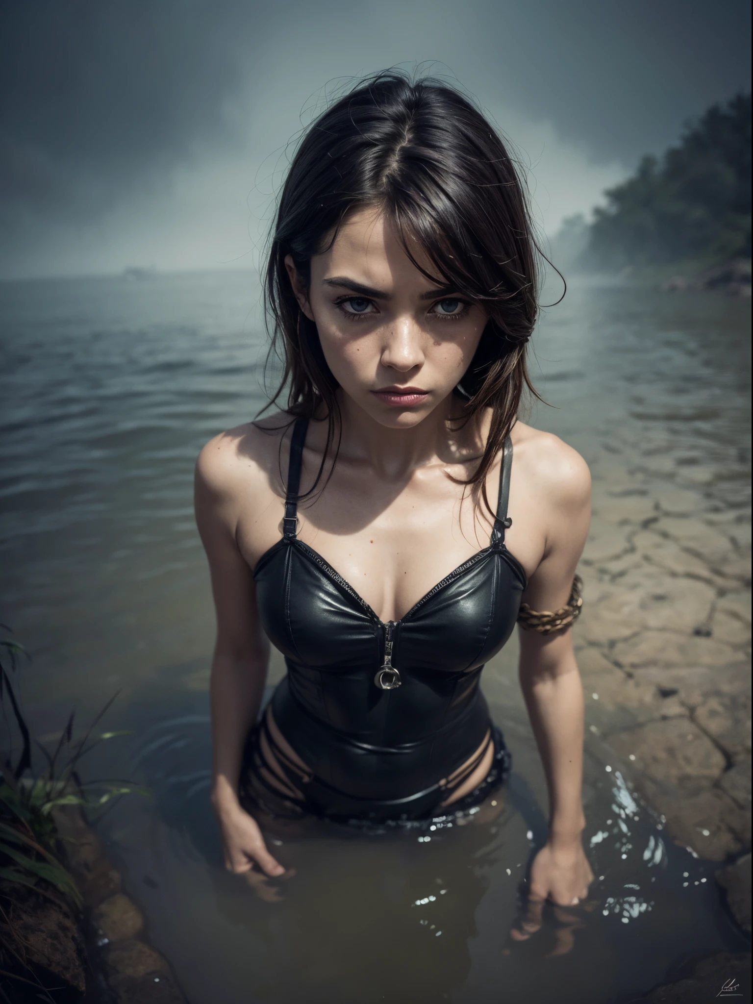 (Best quality,high resolucion,Masterpiece, aerial view:1.20),Ultra-detailed,La femme trentenaire 55ans  ,Grandes fusées éclairantes sur le jean, shackles, fouet, Gants noirs, ,maladif,drowning in a swamp,Sombre extase,Exhausting fetish,Dark and gloomy atmosphere,texture granuleuse,retrô, atmosphere,Distorted reality,Melancholy expression on his face,mysterious aura,foggy atmosphere,foggy background,Palette de couleurs subtile,pose provocatrice,Strong emotions,Emergeant des profondeurs du désespoir,piercing gaze,ombres intenses,Plongé dans l&#39;darkness,Uneven terrain,Disturbing atmosphere,Une sensation surnaturelle,Perte d&#39;espace dans le temps et dans l&#39;espace,Un silence étrange.asymmetrical bangs, Rousseur, cheveux courts roses, frange, Rousseur, yeux gris,