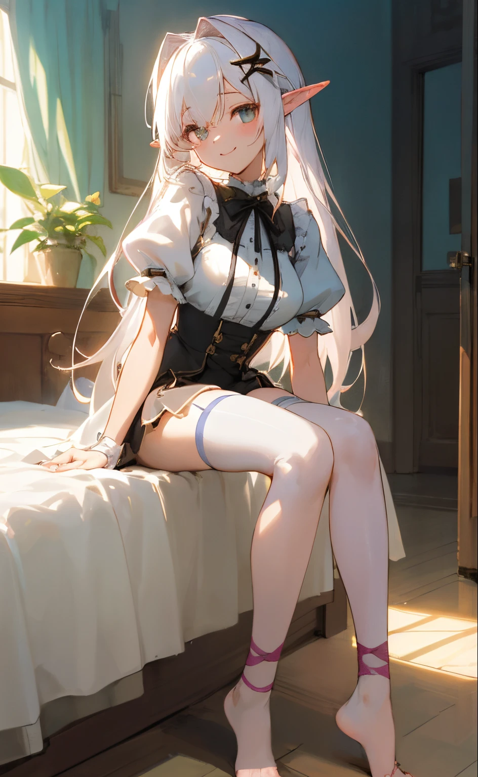 ((masterpiece、top-quality))、in 8K、high-level image quality、1girl in、独奏、bare-legged、knees up、doress、shortsleeves、looking at the viewers、Bedroom、Twin-tailed、A smile、is standing、white hair、Puffy sleeves、Puffy Short Sleeves、full body Esbian、robe blanche、sunlights、Dappled Sun、Leg belts、big breasts thin waist、Thin leg、ribbon elf erotic thigh high pink bright small decoration hair ornament sitting、close range、 carismatic、beautiful beauty、cana 、Menhera、white shirt、A black