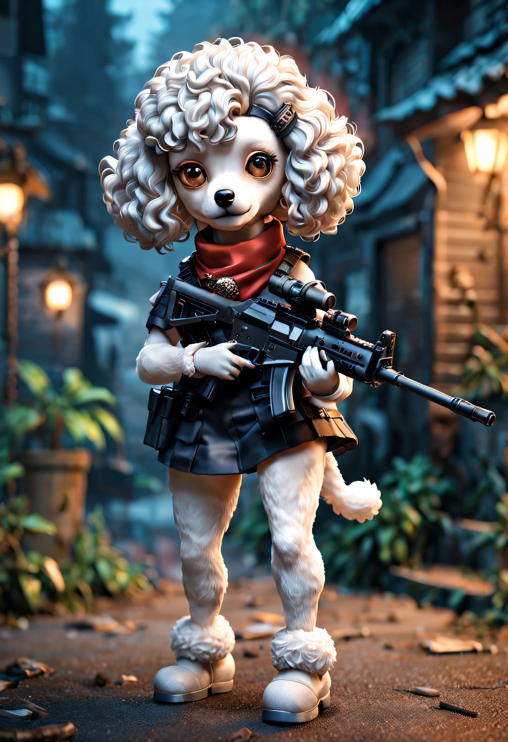 full body Esbian、cool female poodle、pop female poodle、cute female poodle、Deformed animals、Tiere、diorama、symple background、bandana、Holding an assault rifle、​masterpiece, Best Quality, Capture super cute moments, depth of fields, ultra-detailliert, Ultra High Resolution, Octadale, 8K, 16 K