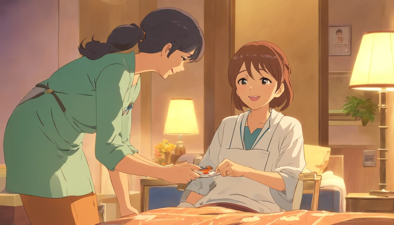 A woman in her 40s working as a caregiver at a nursing home　Talking happily with the patient