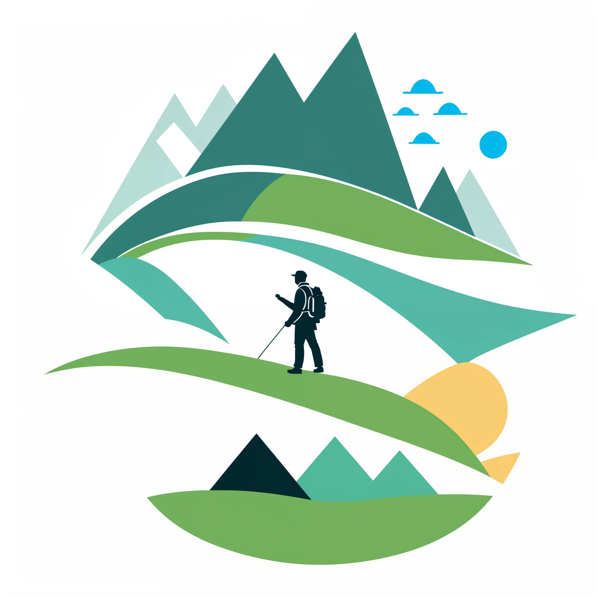 One with a backpack on his back、people walking on tea mountain, logotype, logotype, With mountains as a backdrop, Illustration logo, header with logo, mont, illustratio!, sign without text, Concept film, 10k, Image of a, tour, Inspired by Bozhdar Jakács, Simple illustration, mountain in background, 5K, 5K
