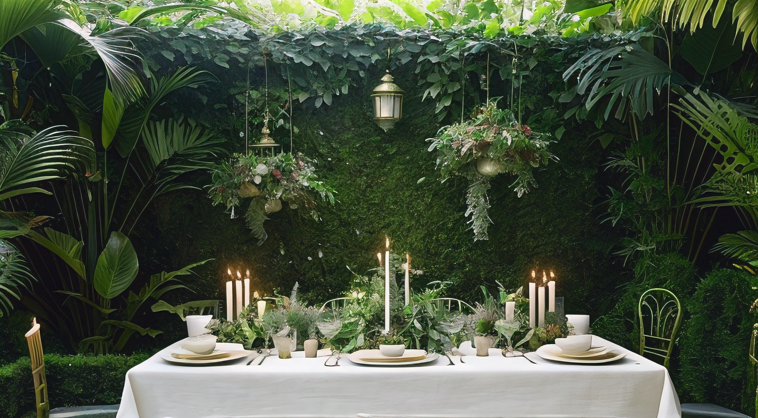 There is a table,There's a bunch of plates and candles on it, romantic greenery, outdoor countertop setup, Stunning mystery background, intense fantasy, Background with, photography of, overgrown background, Lush foliage, Lush chic garden, Lush greenery, A beautiful photo, enchanted surroundings, Atmospheric and beautiful details, Garden setting, large plants in the background, Elegant composition