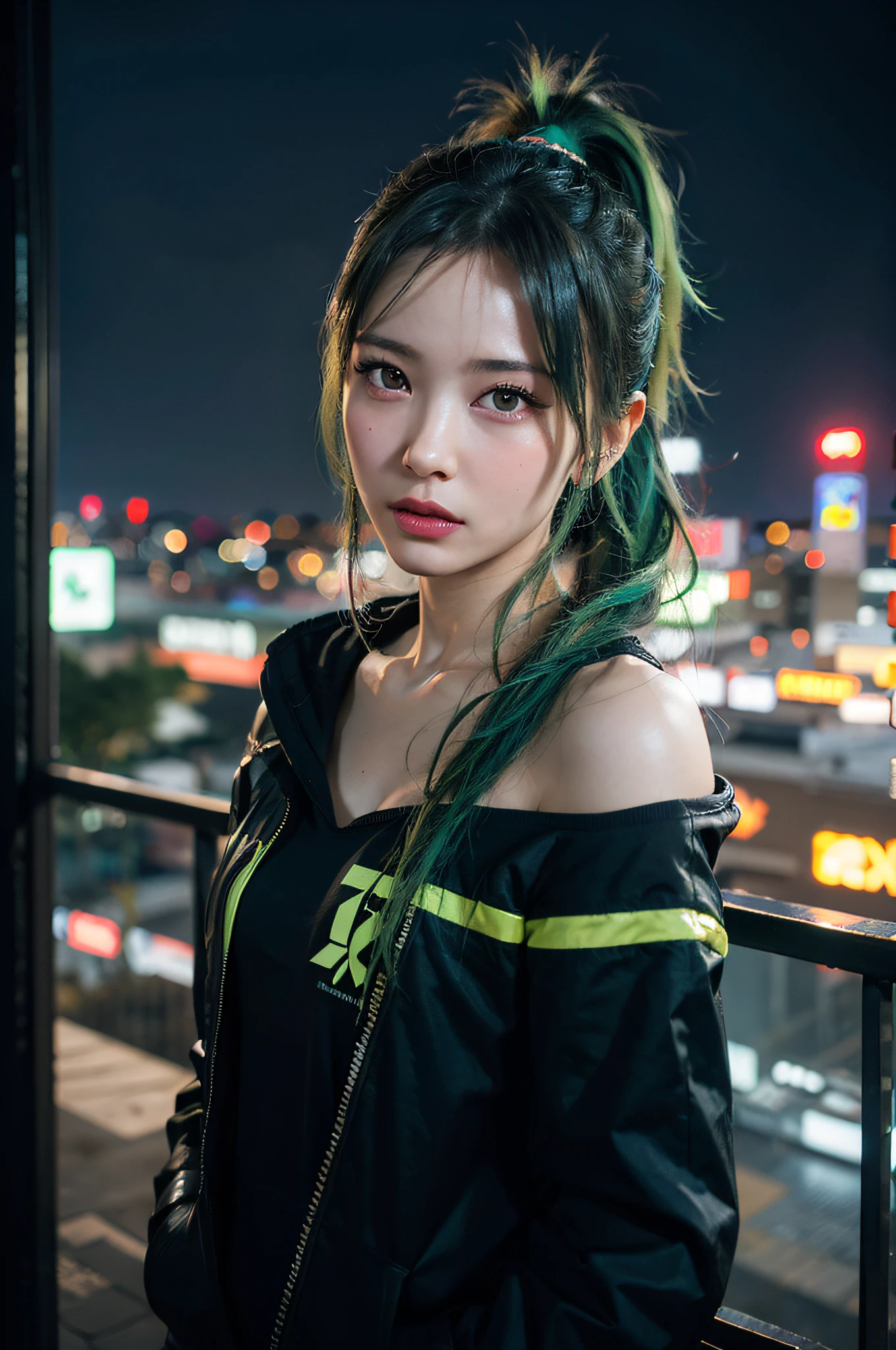 (Masterpiece), Best Quality, Ultra High Resolution, , Cyberpunk 1 Girl, Flying Over Stunning Cityscape In Near Future, Hoodie, Green Hair, Neon Shooting Star, Ponytail Hair, Off Shoulder, Feather Hairpiece, Neon Color, Flash, Stunning Night Sky, Cinematic Lighting, Realistic Skin, HDR, Fisheye