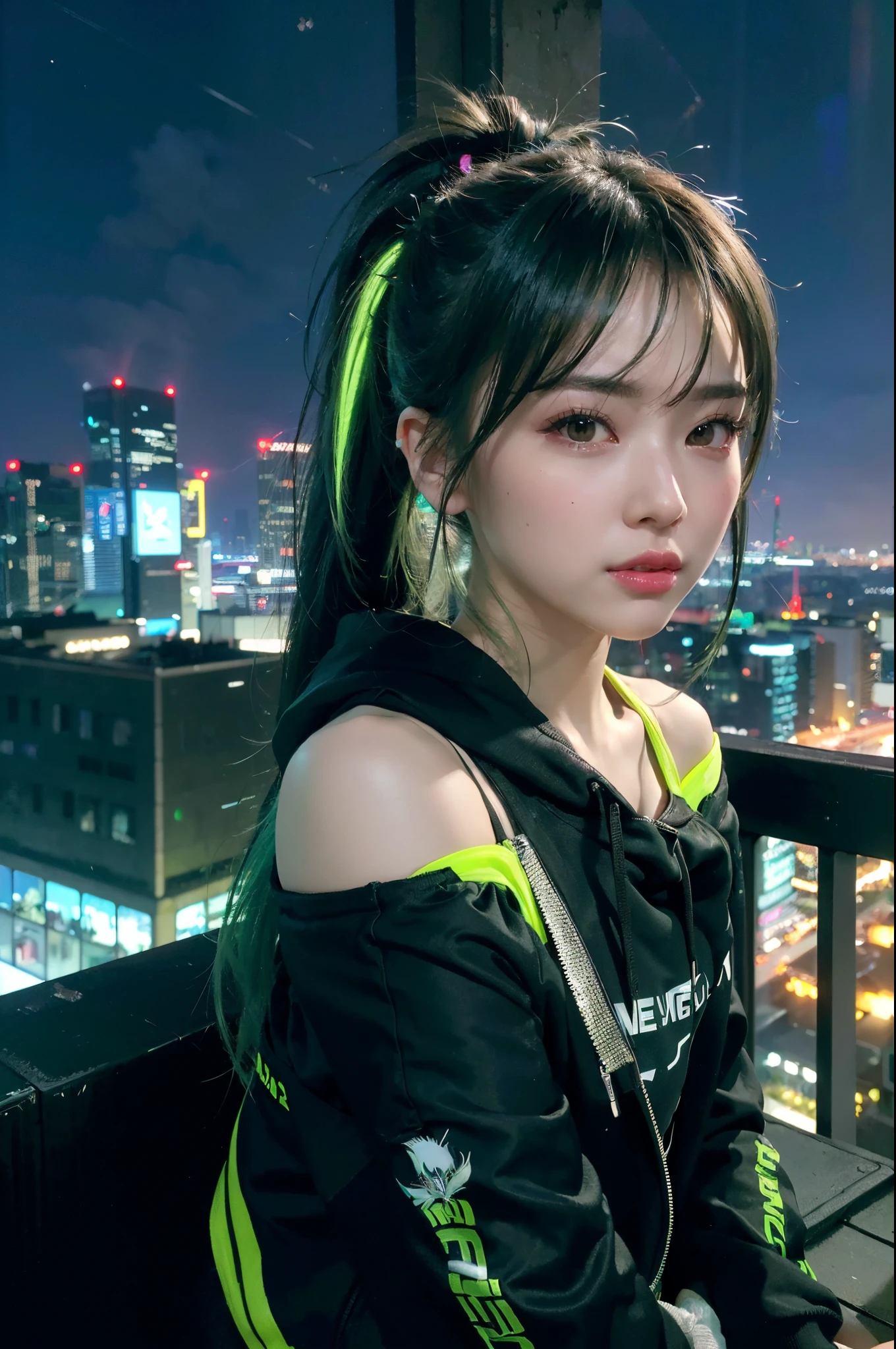 (Masterpiece), Best Quality, Ultra High Resolution, Little Girl, Cyberpunk 1 Girl, Flying Over Stunning Cityscape In Near Future, Hoodie, Green Hair, Neon Shooting Star, Ponytail Hair, Off Shoulder, Feather Hairpiece, Neon Color, Flash, Stunning Night Sky, Cinematic Lighting, Realistic Skin, HDR, Fisheye