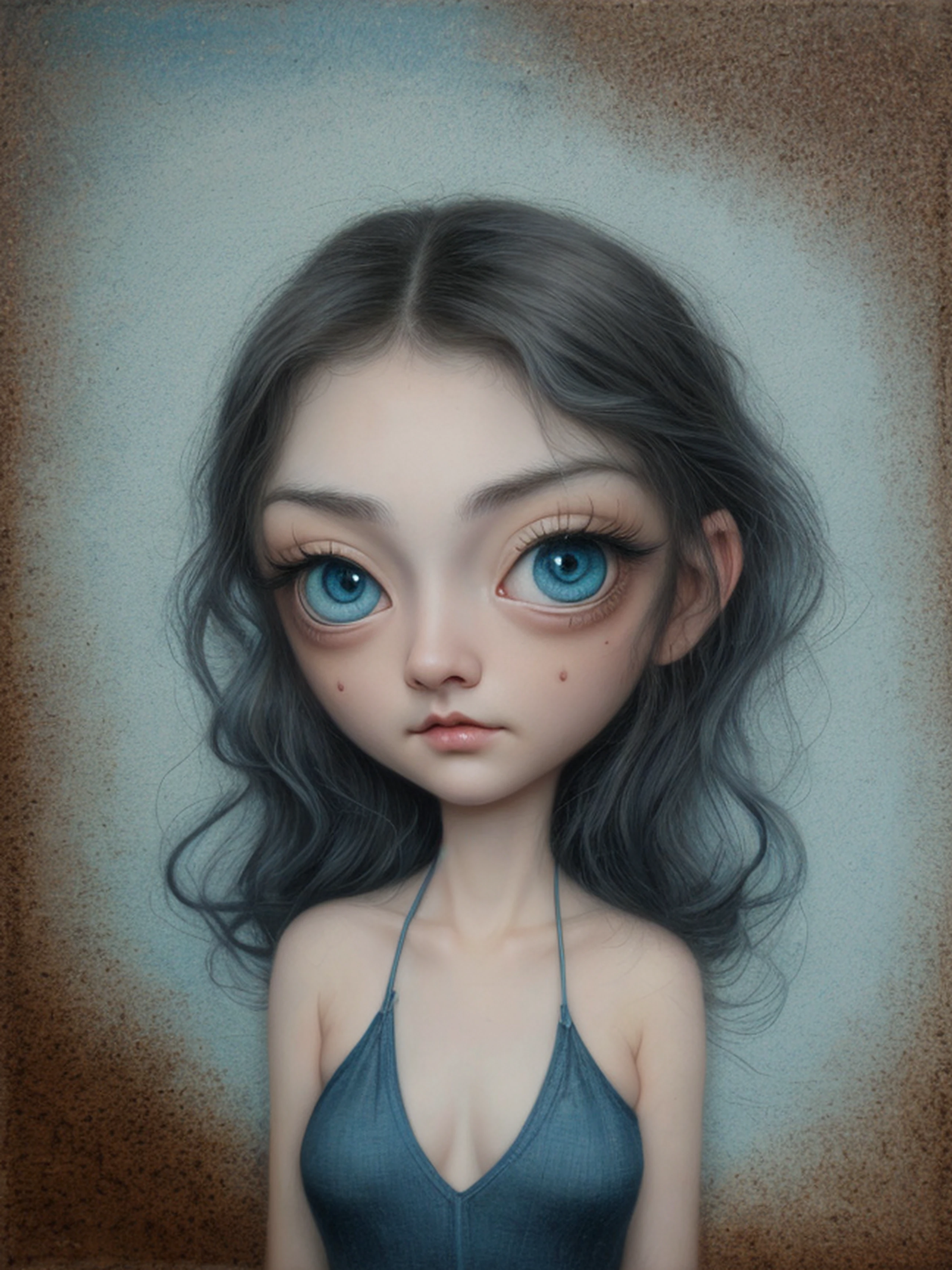 Un primer plano de una chica muy triste con el pelo largo (rubio) And the big blue eyes showing huge ((pechos)), Anton Semenov, Mark Ryden muy detallado, Estilo Mark Ryden, Mark Ryden en el estilo de, Estilo de Mark Ryden, inspirado por Mark Ryden, Naoto Hattori, Adorable pintura digital, cara linda. DarkFantasy, Estilo Wlop Loish y Clamp, desnuda