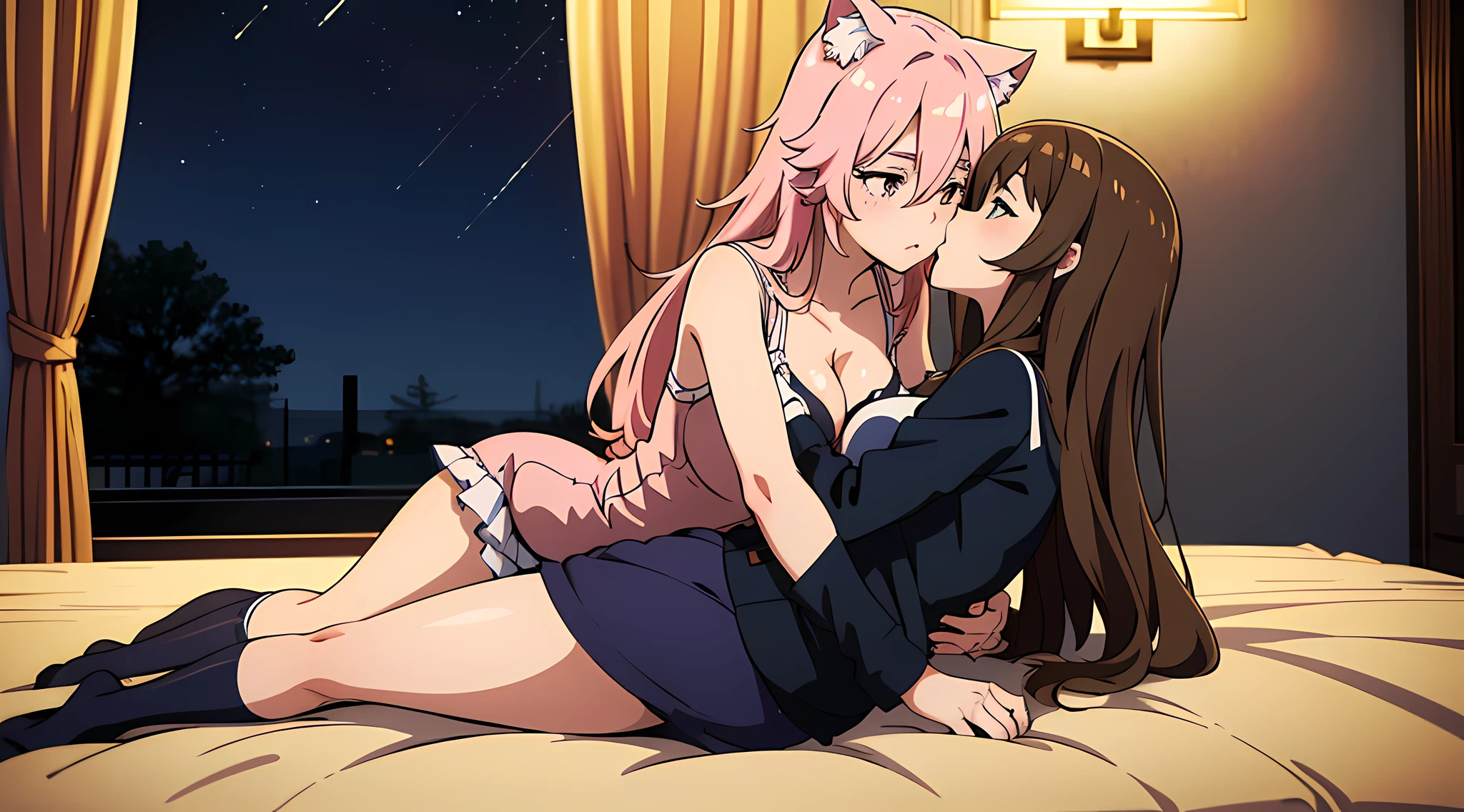 ​master piece,hyper quality, Hyper Detailed,Perfect drawing,nffsw,3D,8K,Two anime beautiful nekomimi girls kissing while pressing their breasts against each other
Two beautiful nekomimi girls from anime staring at each other from the front, Pushing each other's chests and hugging each other
Japanimation　Moe Anime Beautiful Girl　Kogal　Brown skin　Loose socks(Buggy socks:1.5)　gal make　knight suit　a  long skirt(0.8)　Bedrooms、indirect lighting、Night view outside the window、beatiful backgrounds、Detailed drawing、Accurate drawing、clearface,Perfect illustration、