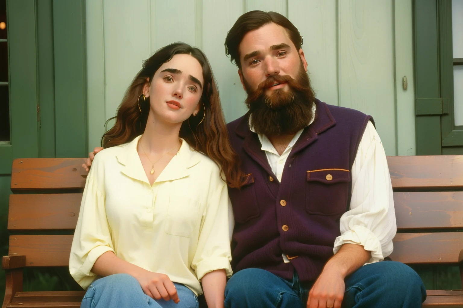 1996, Berkshire County, Massachusetts. Pre-raphaelite ((((44-year-old)) Jennifer Connelly)), with a bearded man, front porch bench, smile, ((happiness expression)), autumn, ((((casual Clothing from the 1990s)))), ((short Hairstyle of the 1990s)), ((Wes Anderson cinematic style)), colorful
